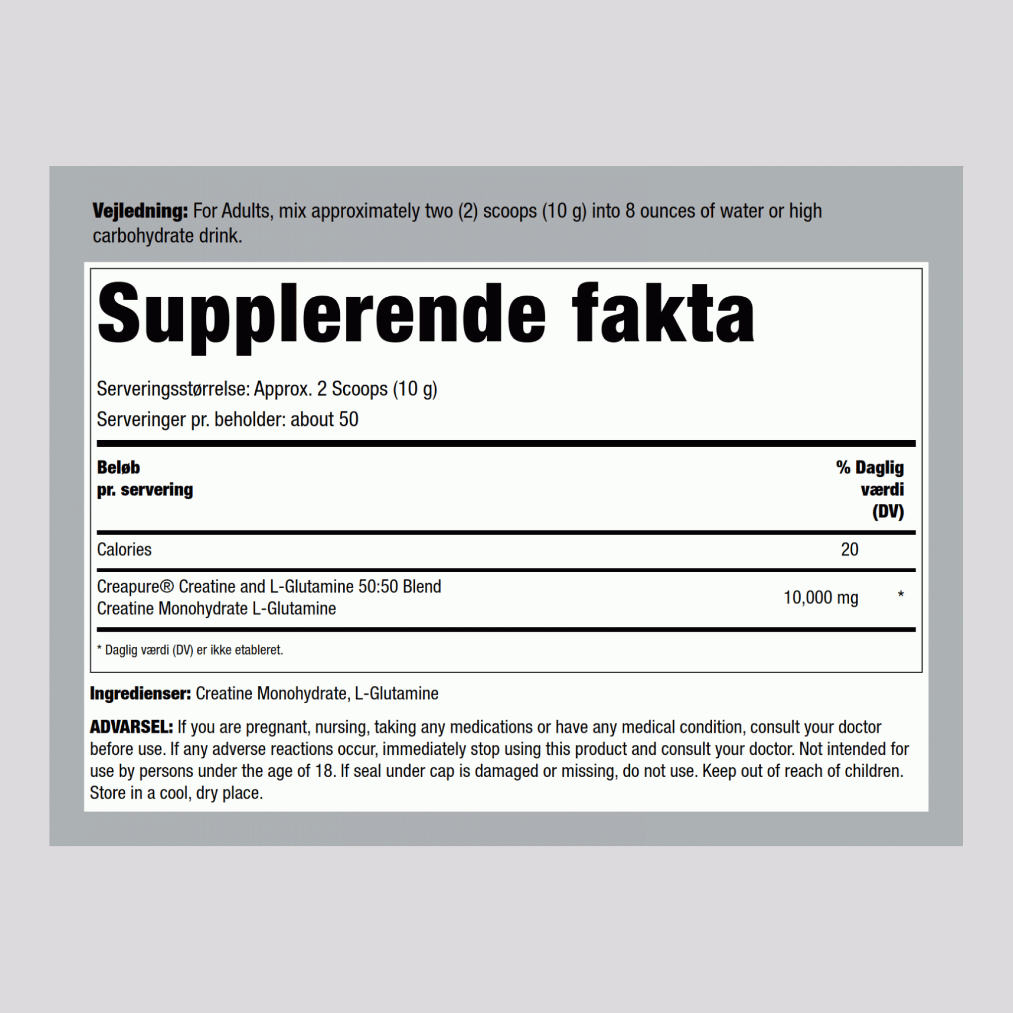 Tysk Kreatin-monohydrat (Creapure) & L-glutamin-pulver (50:50 blanding) 10 gram (pr. portion) 1.1 pund 500 g Flaske  