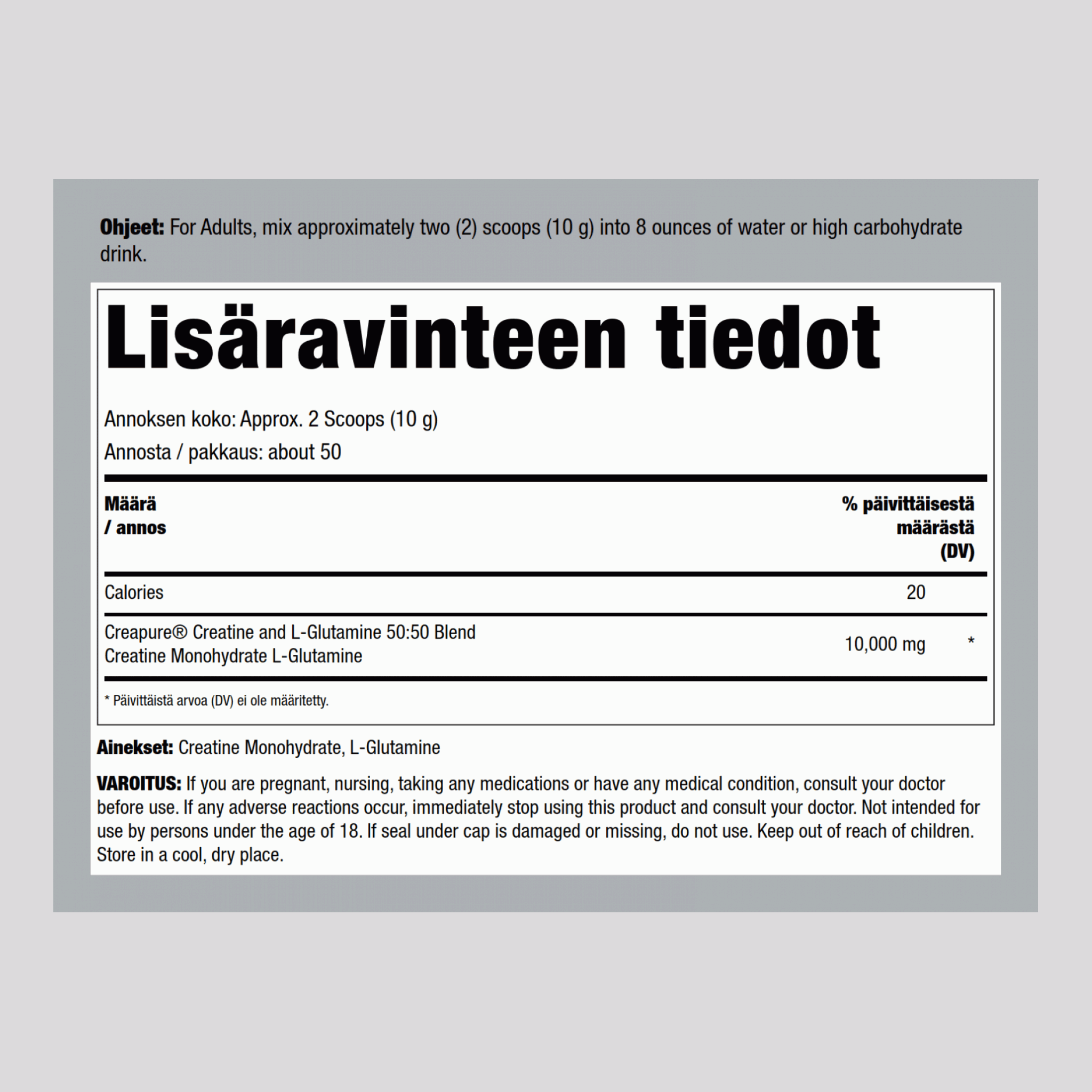 German Kreatiinimonohydraatti(Creapure) & L-glutamiinijauhe (50:50 seos) 10 grammaa (annosta kohti) 1.1 lb 500 g Pullo  