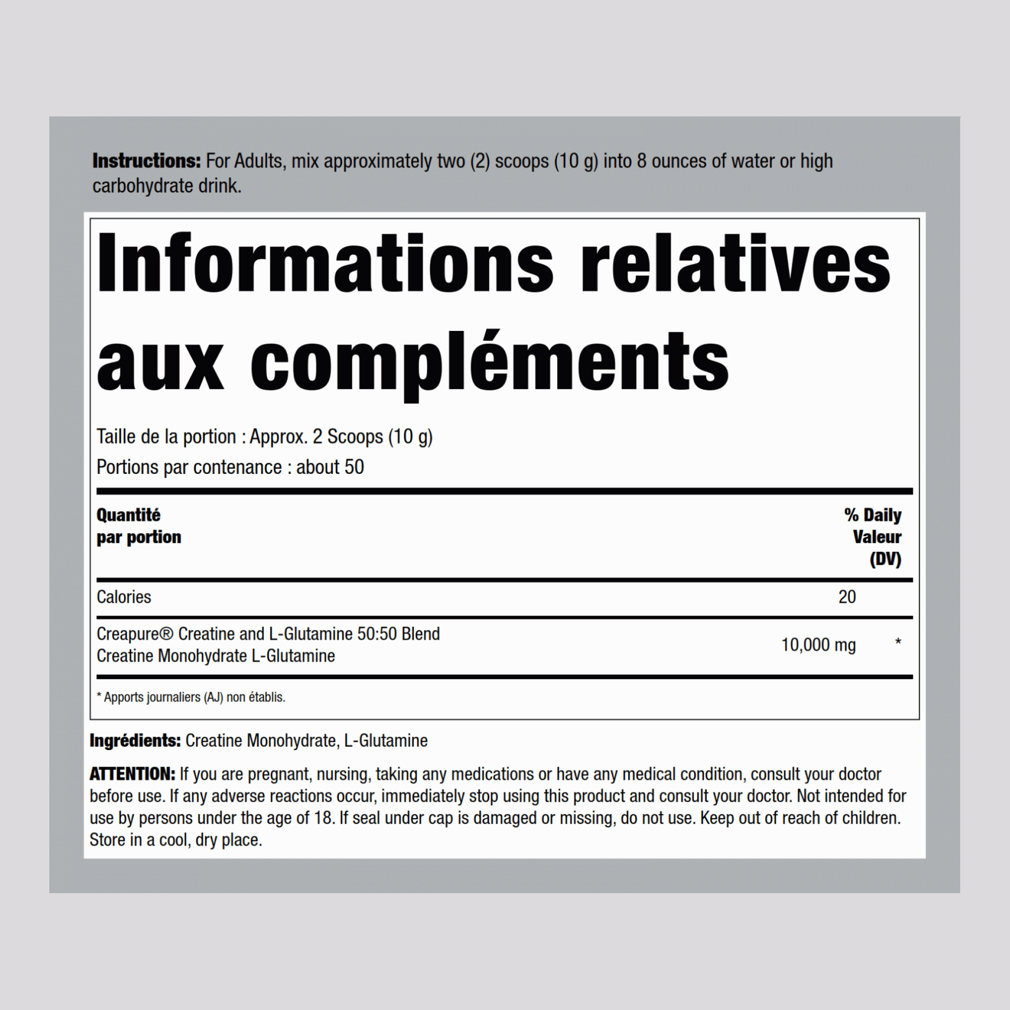 German Créatine Monohydrate(Creapure) & Poudre de L-Glutamine (50:50 Mélange) 10 grammes (par portion) 1.1 kg 500 g Bouteille  