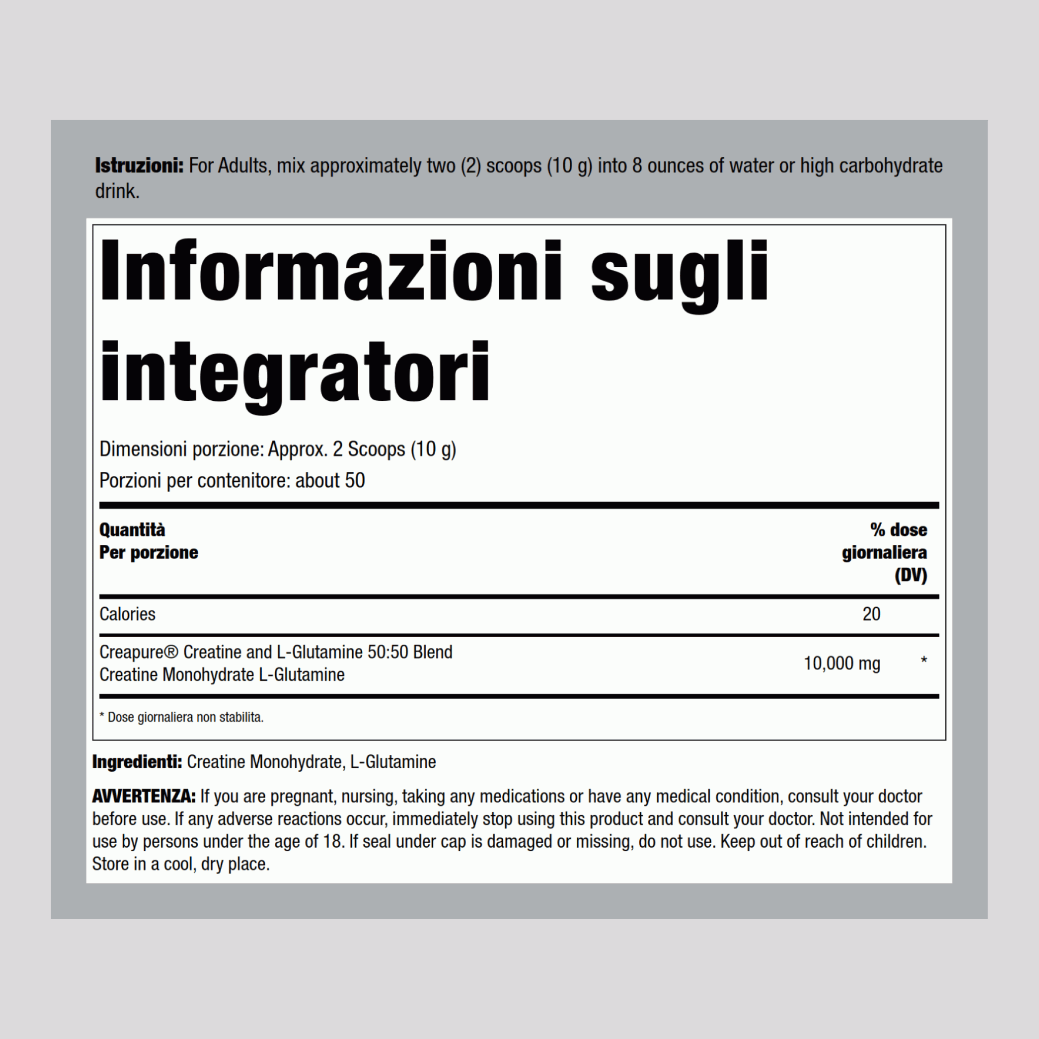 German Creatina monoidrato (Creapure) & L-glutammina in polvere (50:50 Miscela) 10 grammi (per porzione) 1.1 lb 500 g Bottiglia  