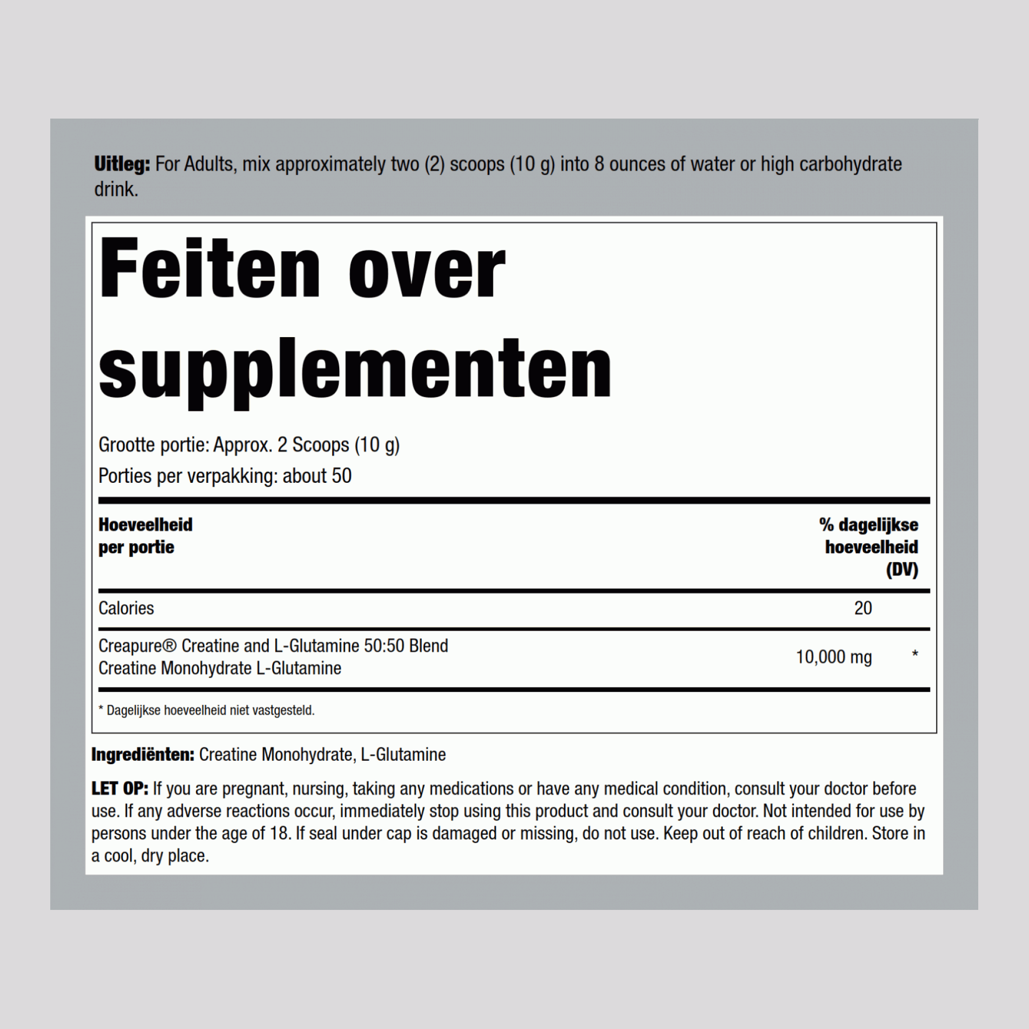 German Creatine (Creapure) & L-Glutaminepoeder (50:50 mix) 10 gram (per portie) 1.1 pond 500 g Fles  