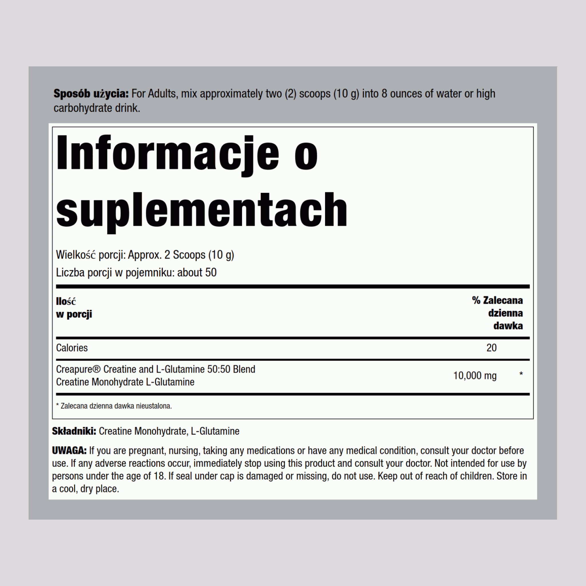 Niemiecka Monohydrat kretyny (Creapure) & L-glutamina w proszku (50:50 Mieszanka) 10 gramy (na porcję) 1.1 lb 500 g Butelka  