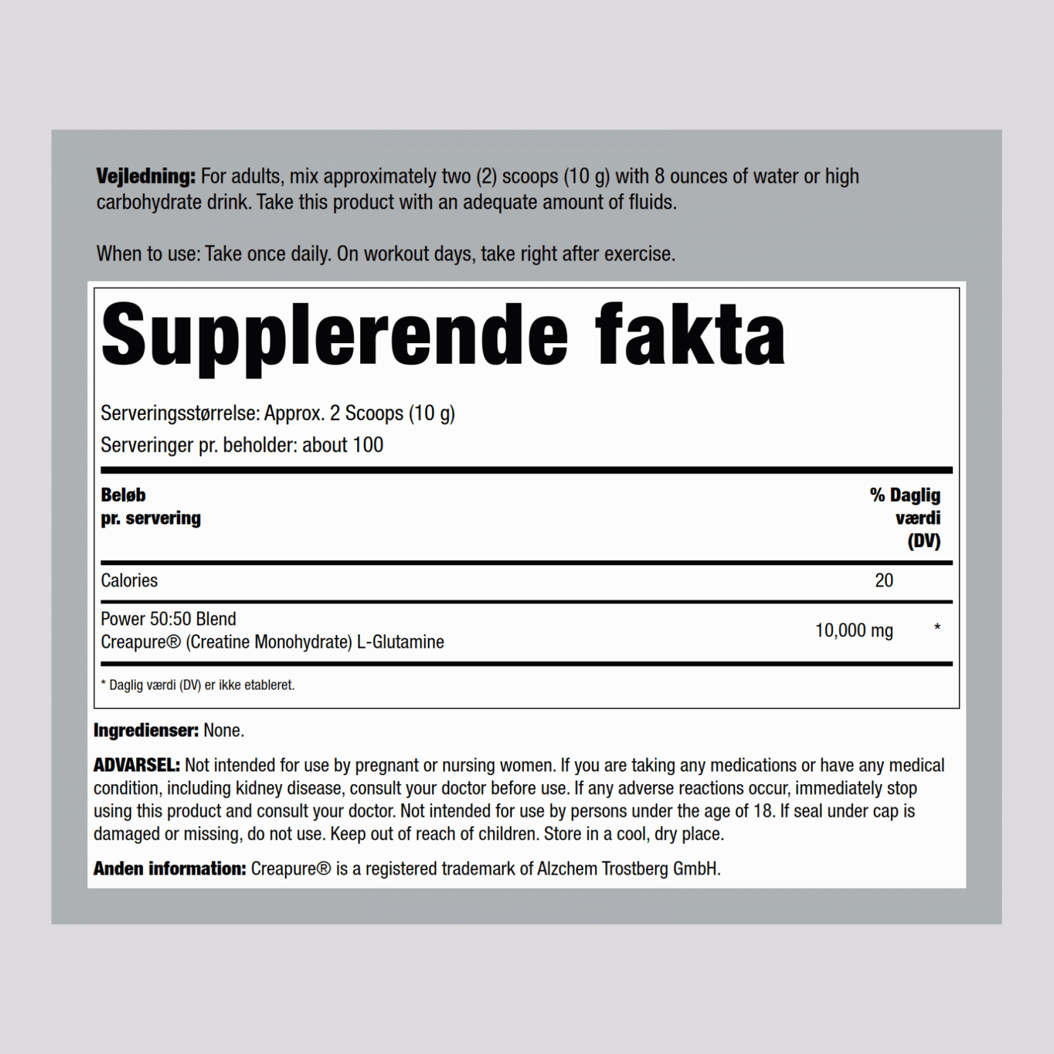 Tysk Kreatin-monohydrat (Creapure) & L-glutamin-pulver (50:50 blanding) 10 gram (pr. portion) 2.2 pund 1000 g Flaske  