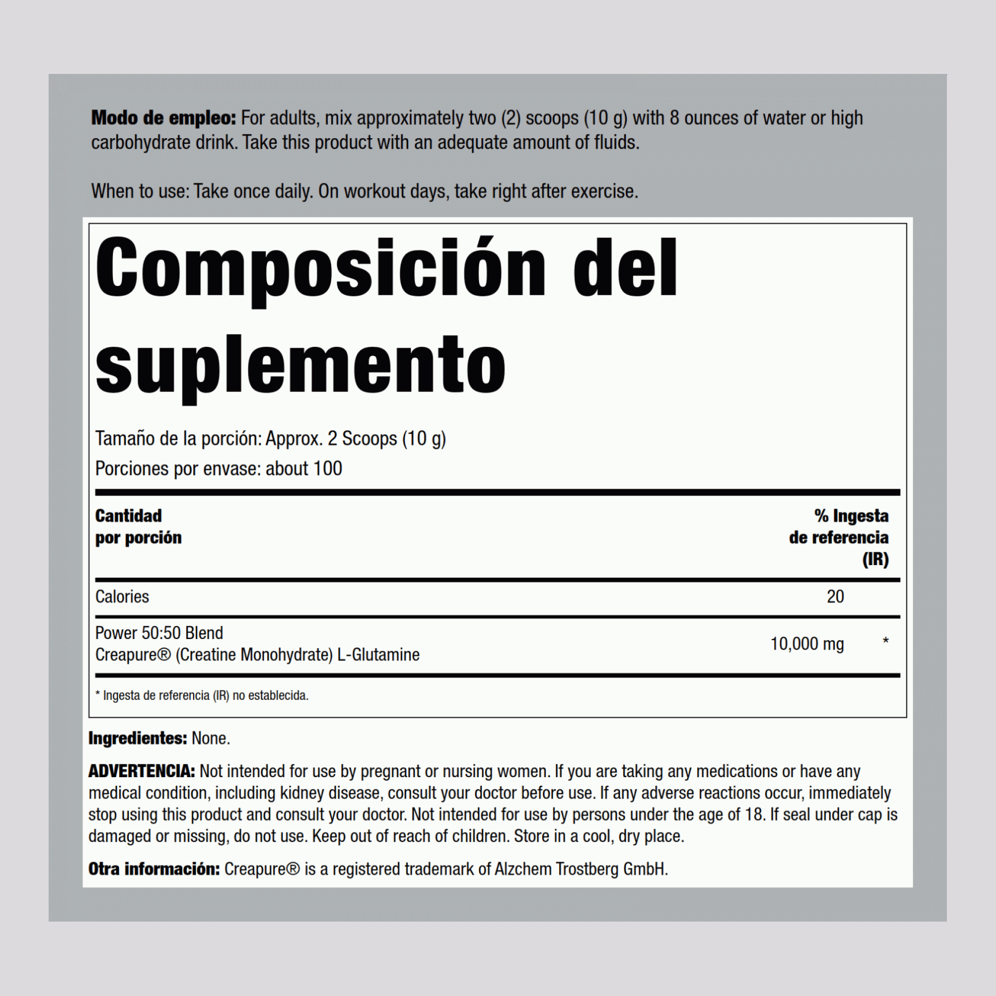 German Monohidrato de creatina (Creapure) & L-glutamina en polvo (50:50 Mezcla) 10 gramos (por ración) 2.2 lb 1000 g Botella/Frasco  