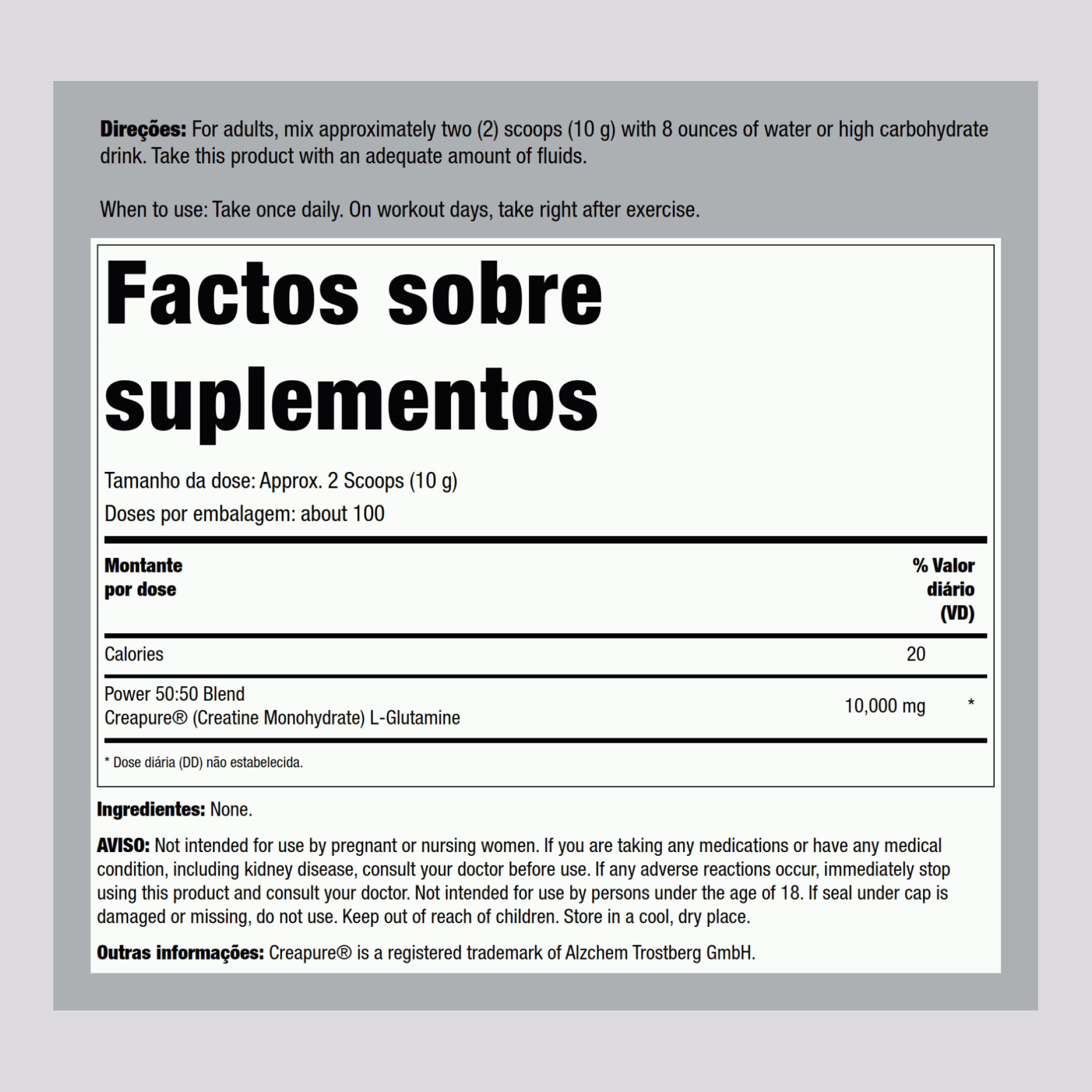 Alemã Monoidrato de creatina (Creapure) & Pó de L-glutamina (50:50 Composto) 10 gramas (por porção) 2.2 lb 1000 g Frasco  