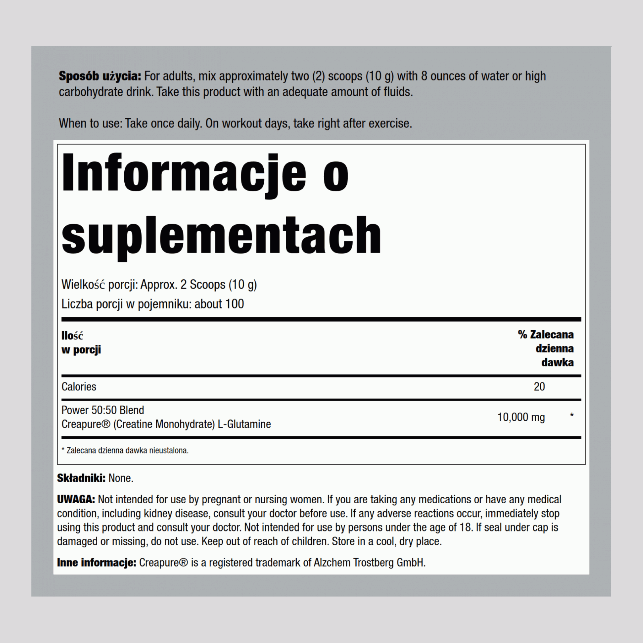 Niemiecka Monohydrat kretyny (Creapure) & L-glutamina w proszku (50:50 Mieszanka) 10 gramy (na porcję) 2.2 lb 1000 g Butelka  