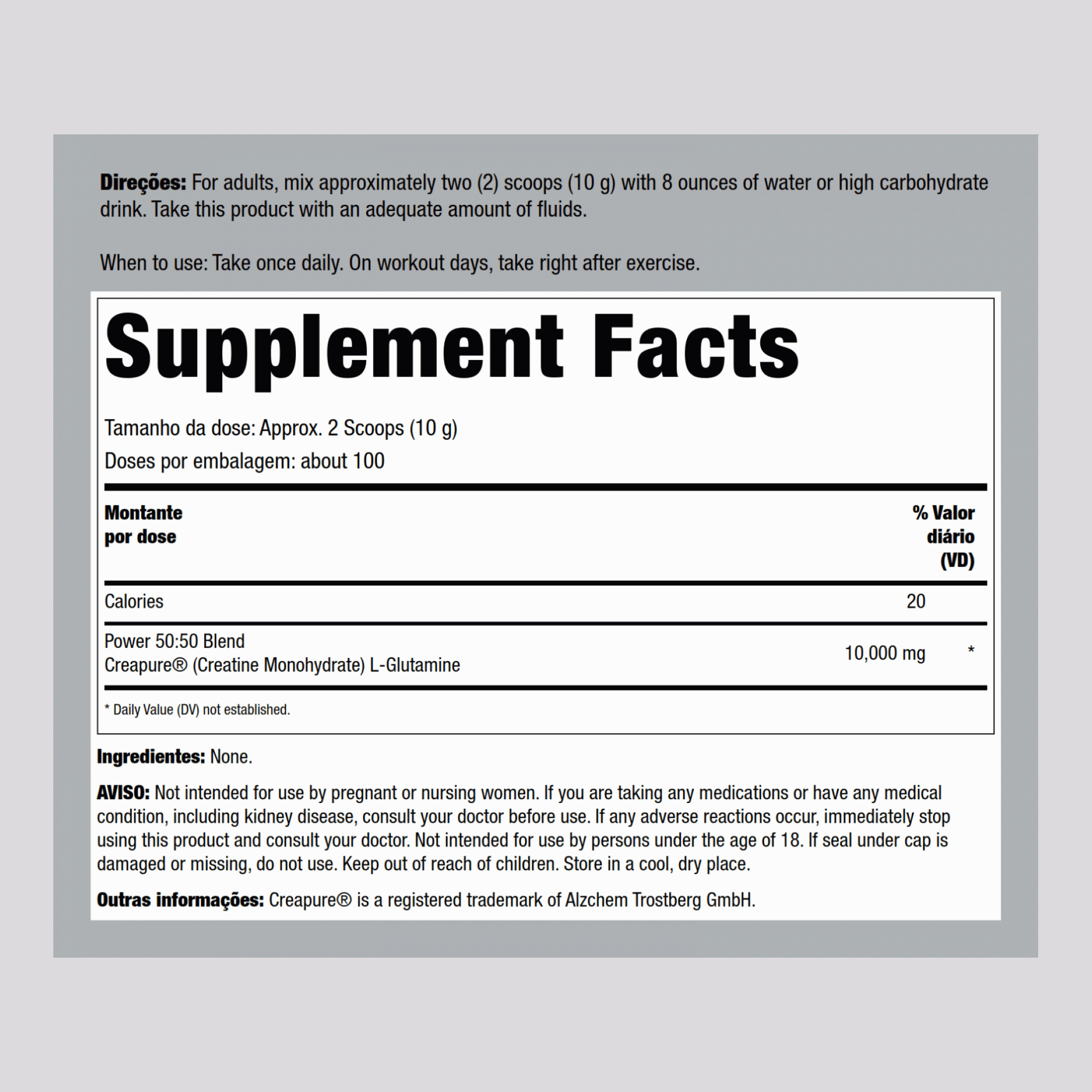 Alemã Monoidrato de creatina (Creapure) & Pó de L-glutamina (50:50 Composto) 10 gramas (por porção) 2.2 lb 1000 g Frasco  