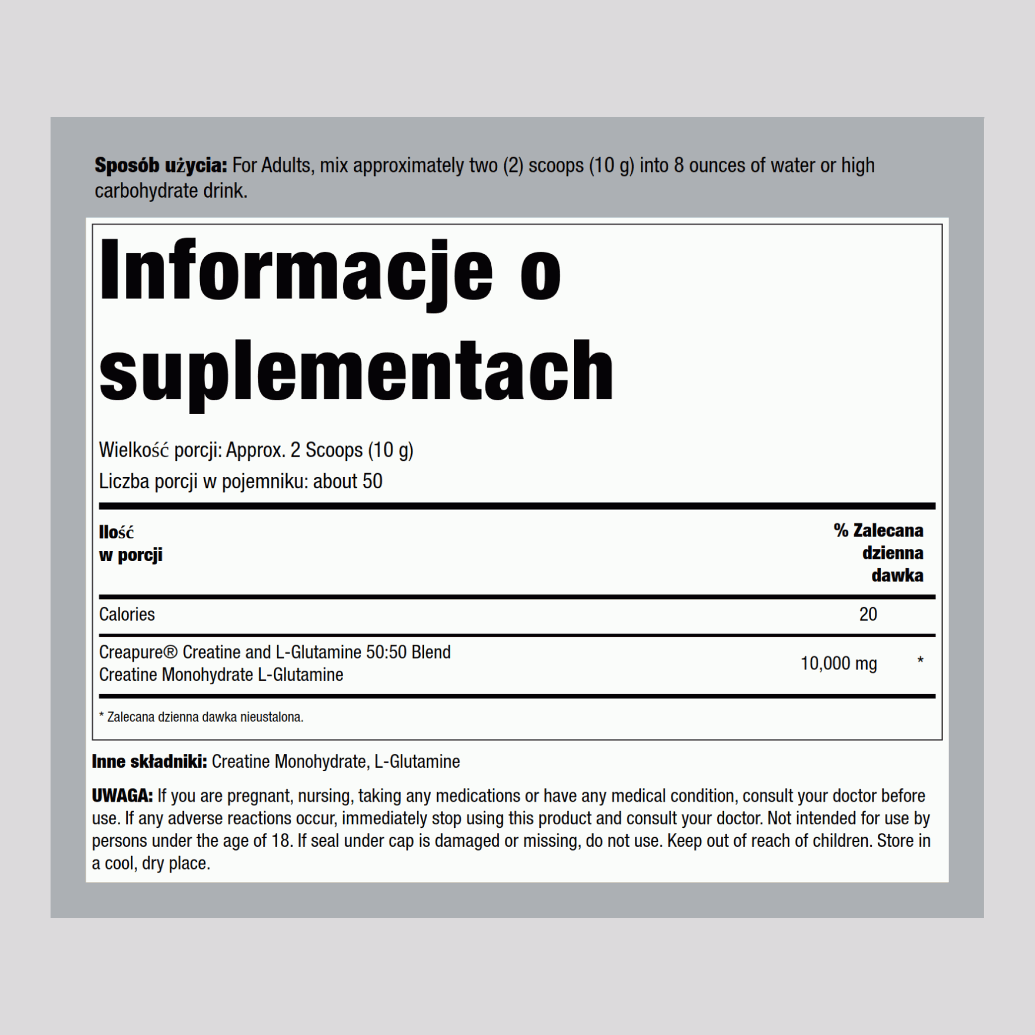 Niemiecka Monohydrat kretyny (Creapure) & L-glutamina w proszku (50:50 Mieszanka) 10 gramy (na porcję) 1.1 lb 500 g Butelka 2 Butelki