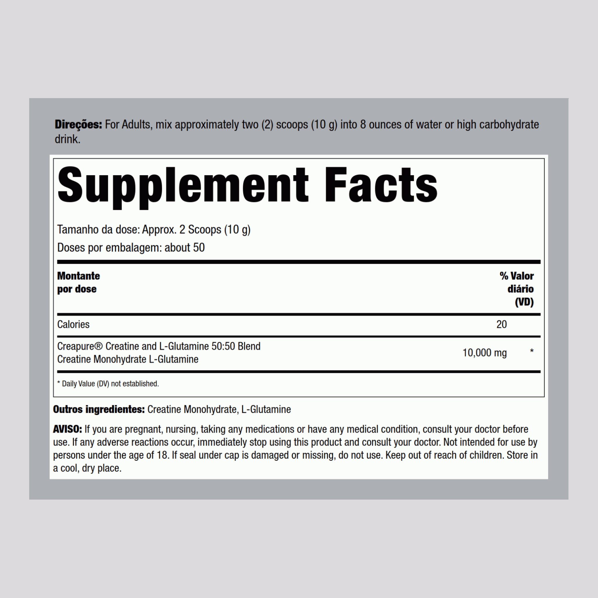Alemã Monoidrato de creatina (Creapure) & Pó de L-glutamina (50:50 Composto) 10 gramas (por porção) 1.1 lb 500 g Frasco 2 Frascos