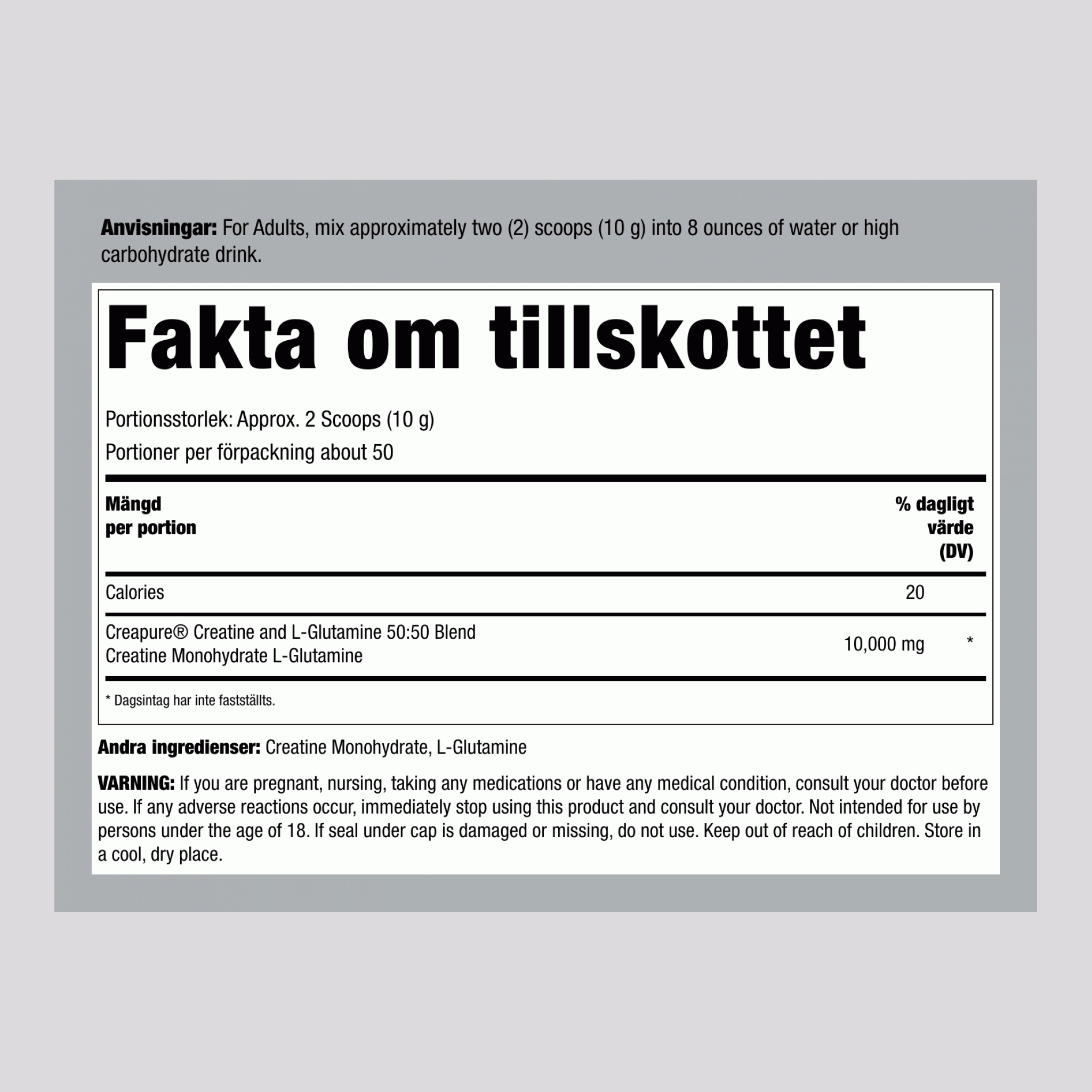 German Kreatin monohidrat (Creapure) & L-glutamin v prahu (50:50 Mešanica) 10 gramov (na odmerek) 1.1 lb 500 g Steklenica 2 Steklenice