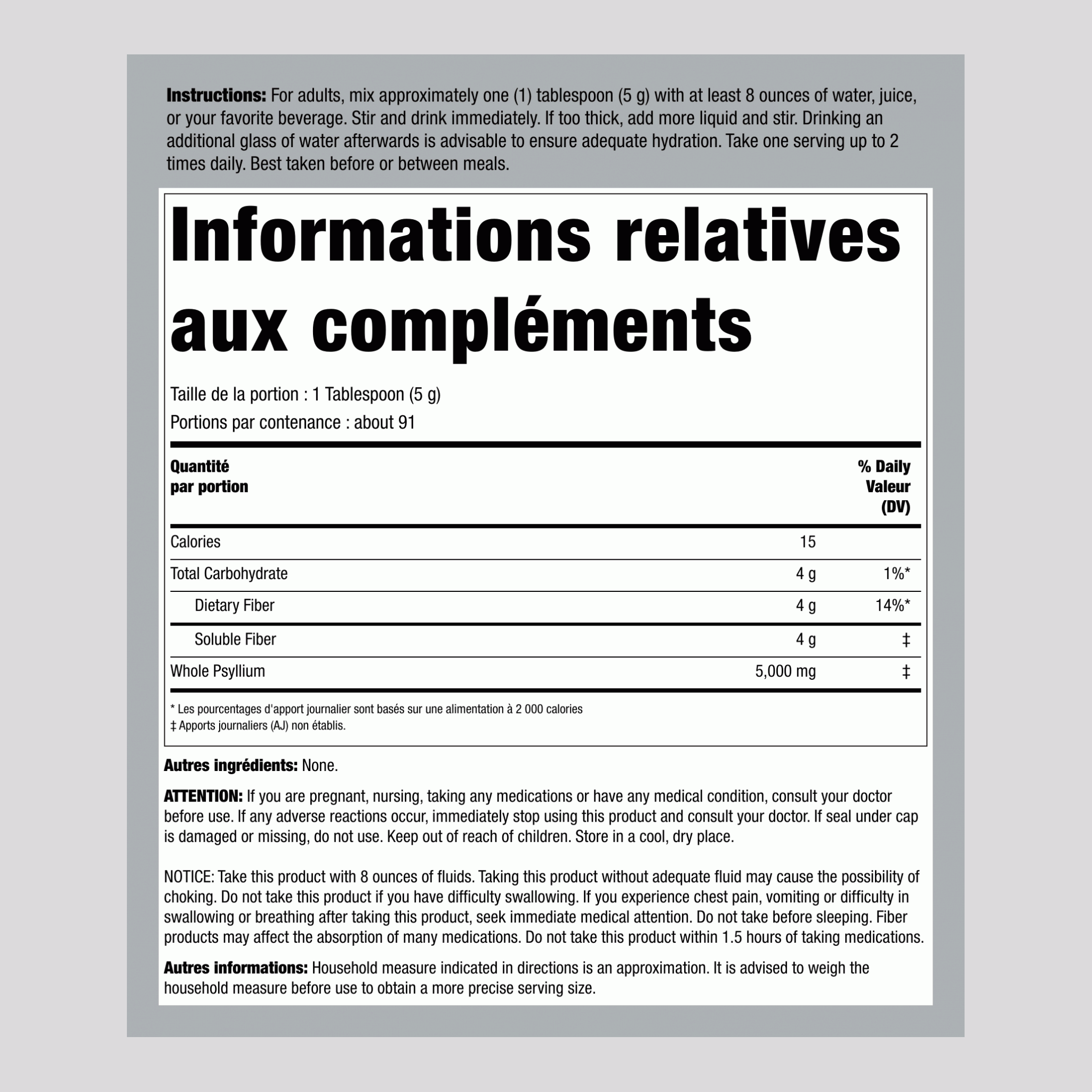 Cosses de psyllium 1 kg 454 g Bouteille    