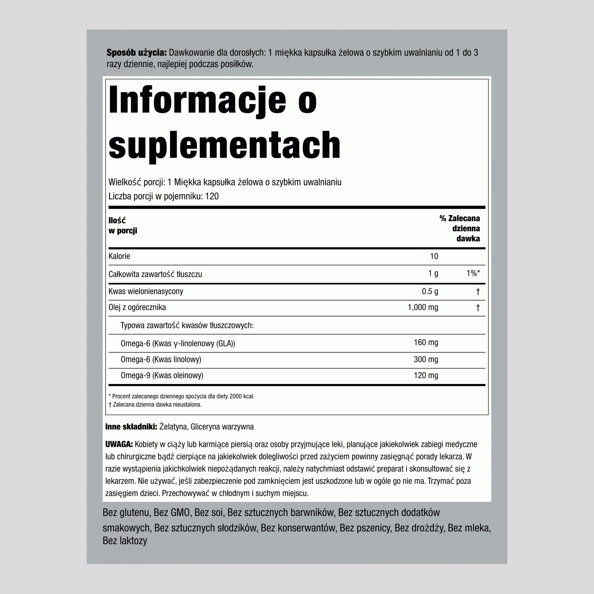 Olej z ogórecznika (GLA) 1000 mg 120 Miękkie kapsułki żelowe o szybkim uwalnianiu     