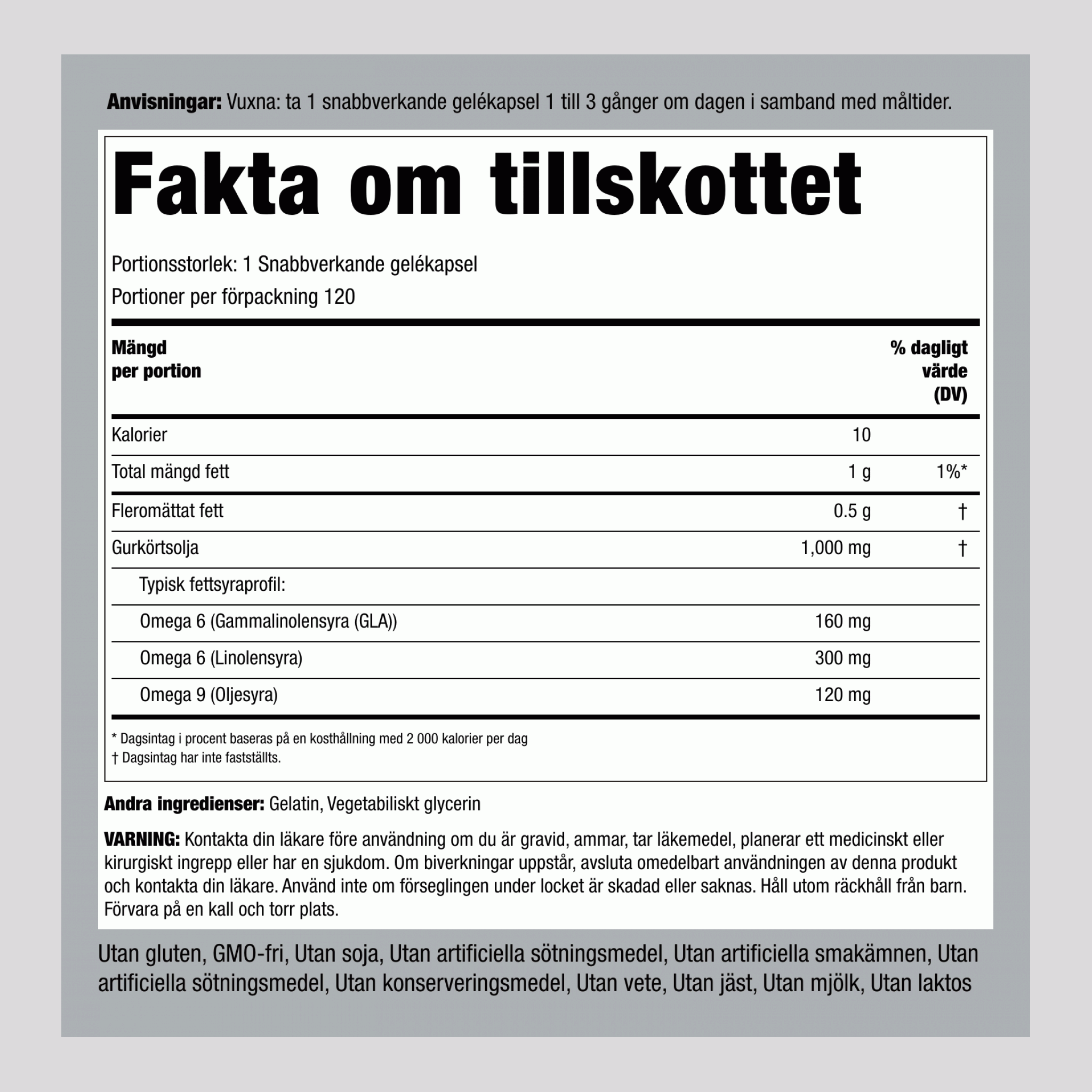 Gurkörtsolja (GLA) 1000 mg 120 Snabbverkande gelékapslar     