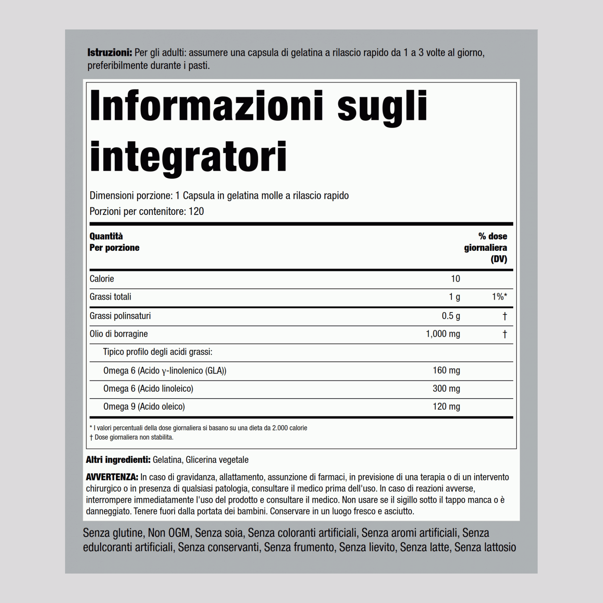 Olio di borragine (GLA) 1000 mg 120 Capsule in gelatina molle a rilascio rapido     