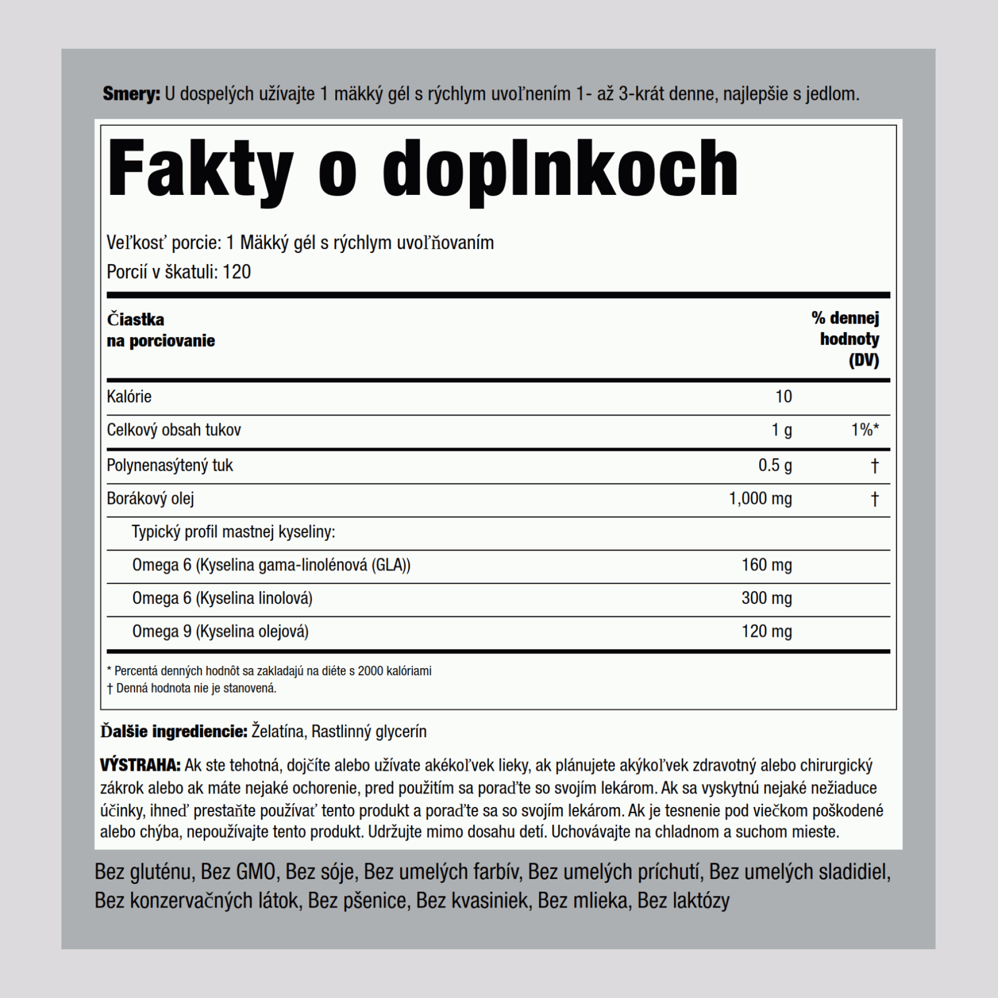 Borákový olej Krill (GLA) 1000 mg 120 Mäkké gély s rýchlym uvoľňovaním     