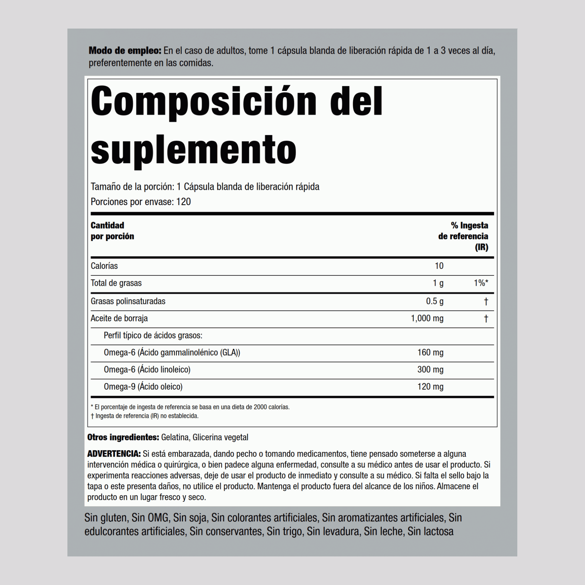 Aceite de borraja (GLA) 1000 mg 120 Cápsulas blandas de liberación rápida 2 Botellas/Frascos   