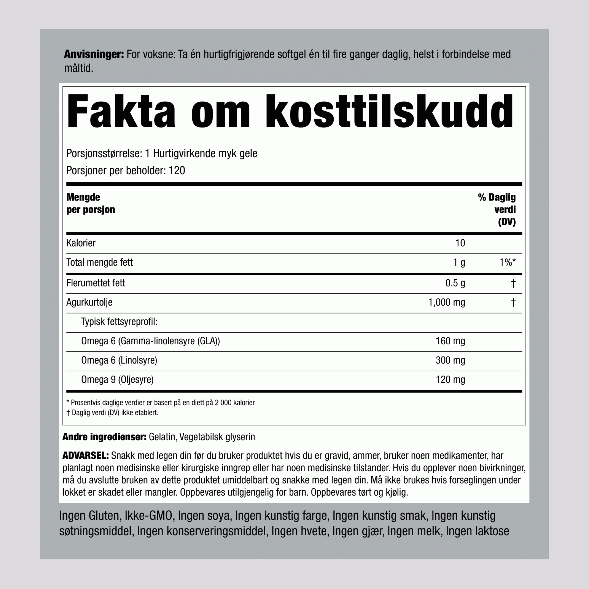 Agurkurtolje (GLA) 1000 mg 120 Hurtigvirkende myke geleer 2 Flasker   