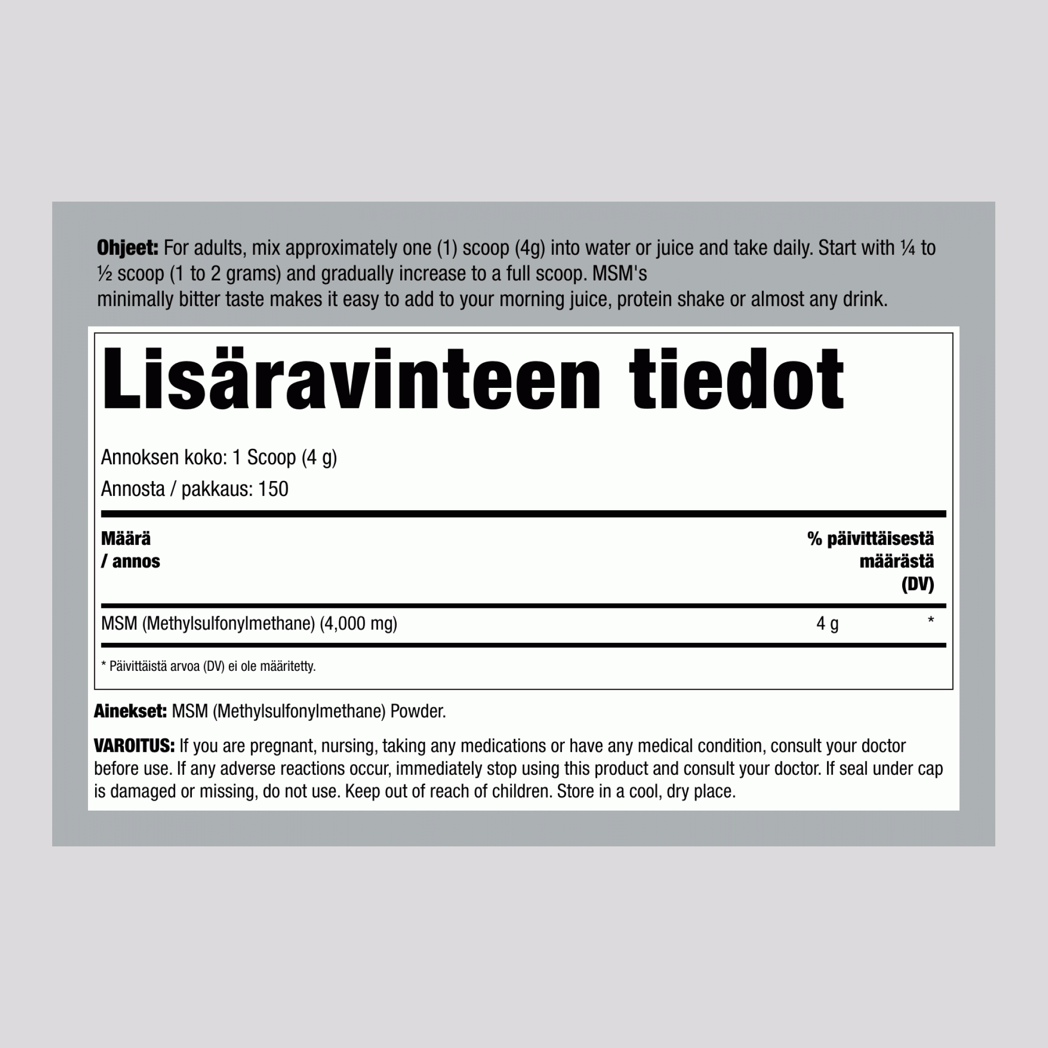 MSM-jauhe (metyylisulfonyylimetaani) 4000 mg/annos 21 oz 600 g Pullo  