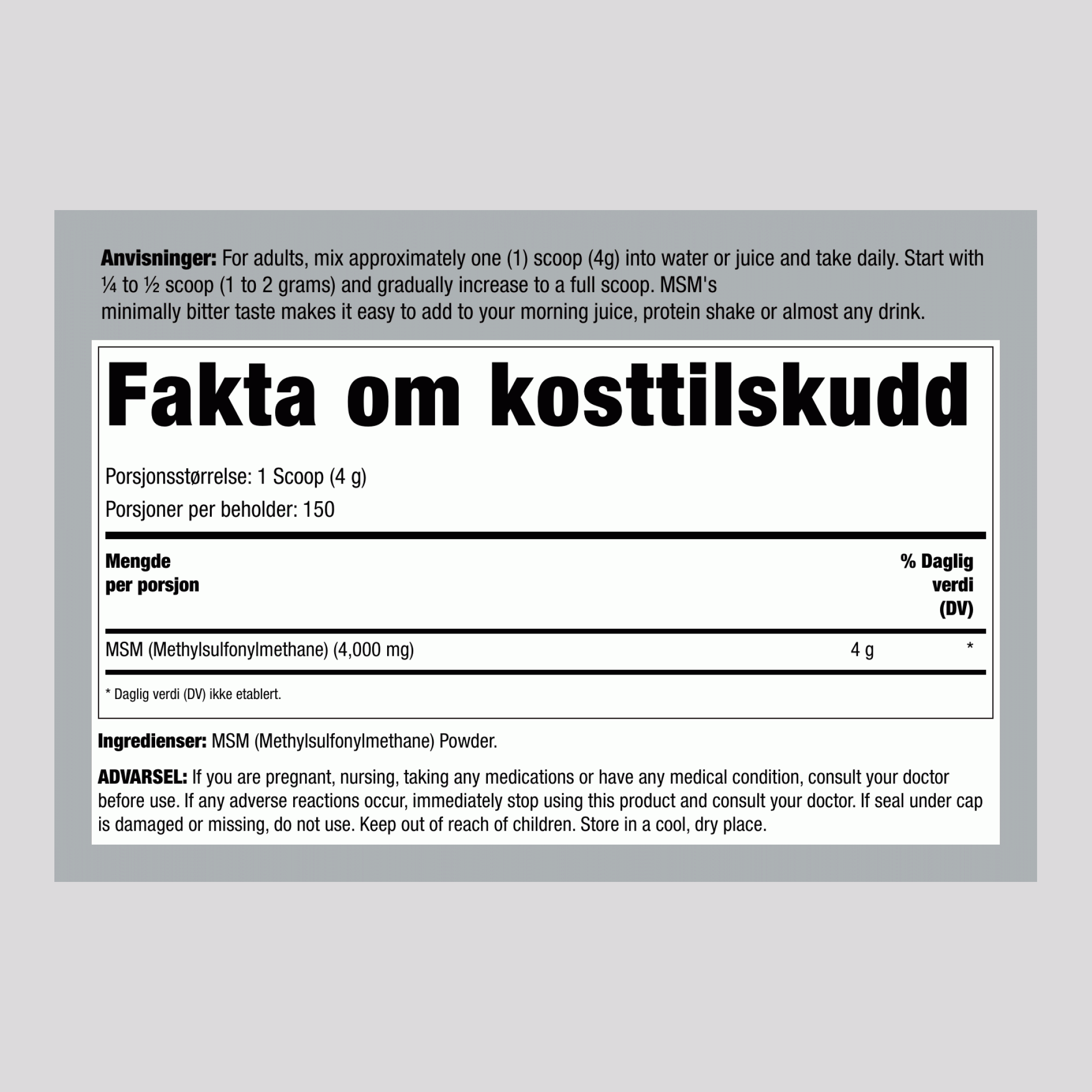 MSM (metylsulfonylmetan)-pulver 4000 mg (per dose) 21 ounce 600 g Flaske  