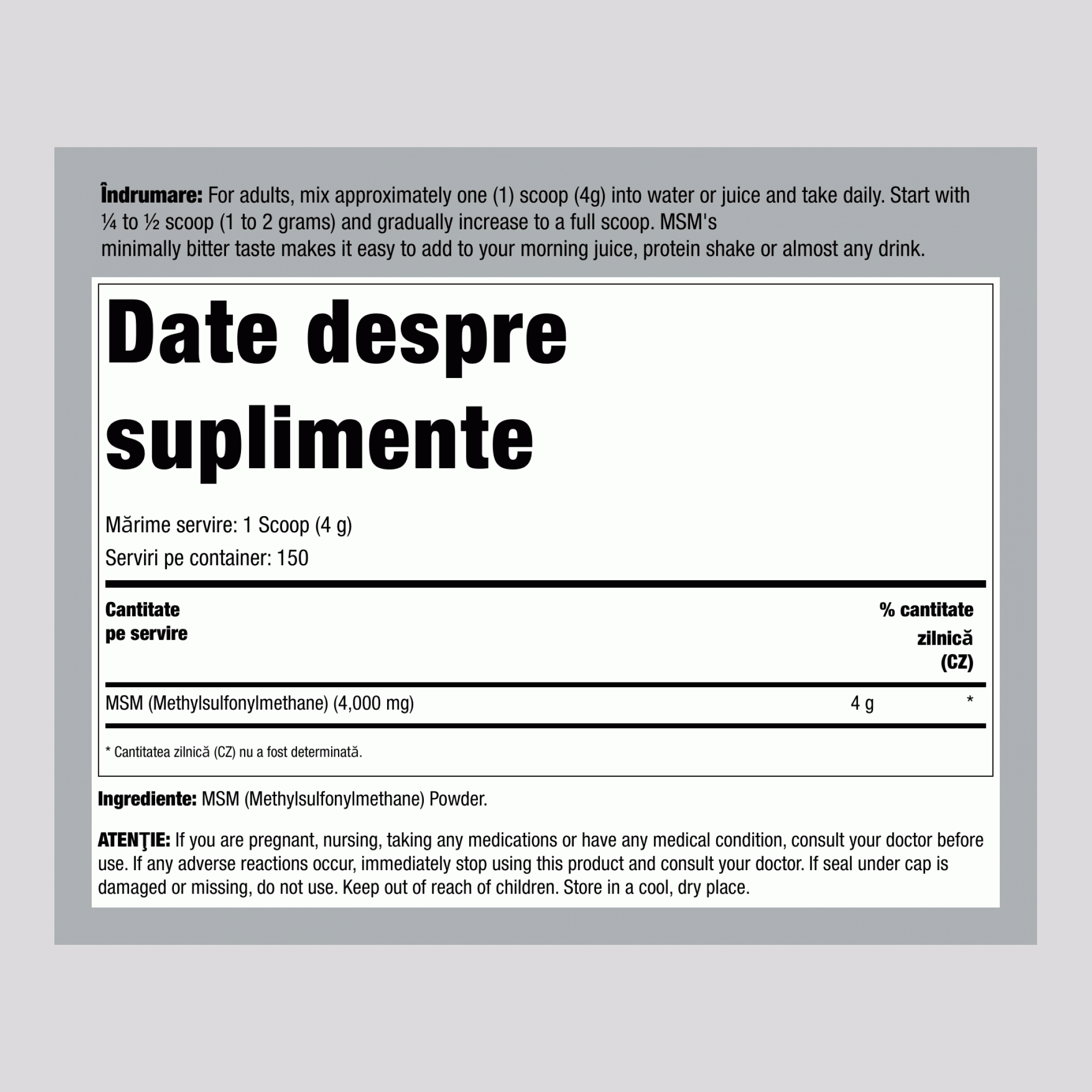 Praf de MSM (metilsulfonilmetan) 4000 mg (per porție) 21 oz 600 g Sticlă  