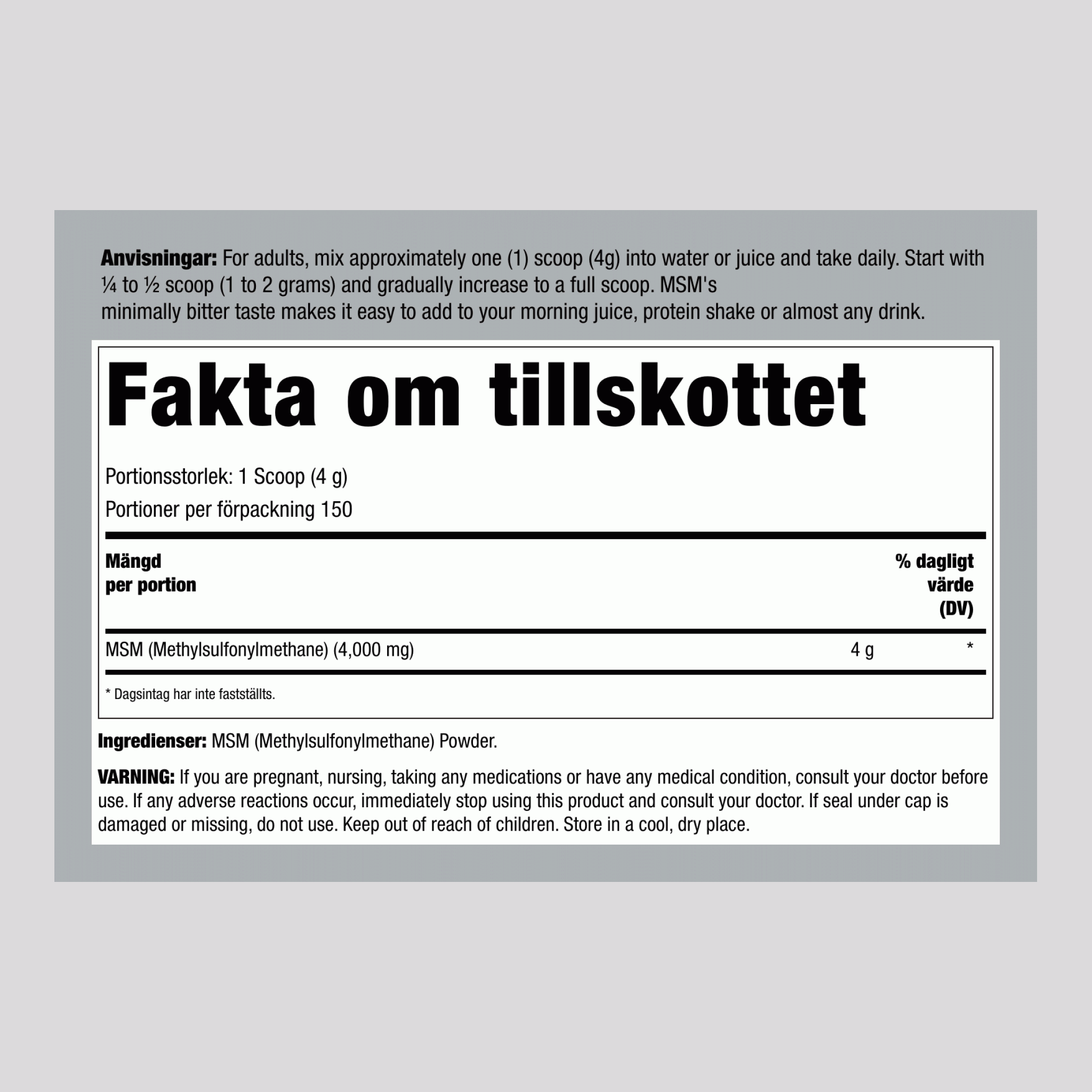 MSM-pulver (dimetylsulfon) 4000 mg (per portion) 21 oz 600 g Flaska  