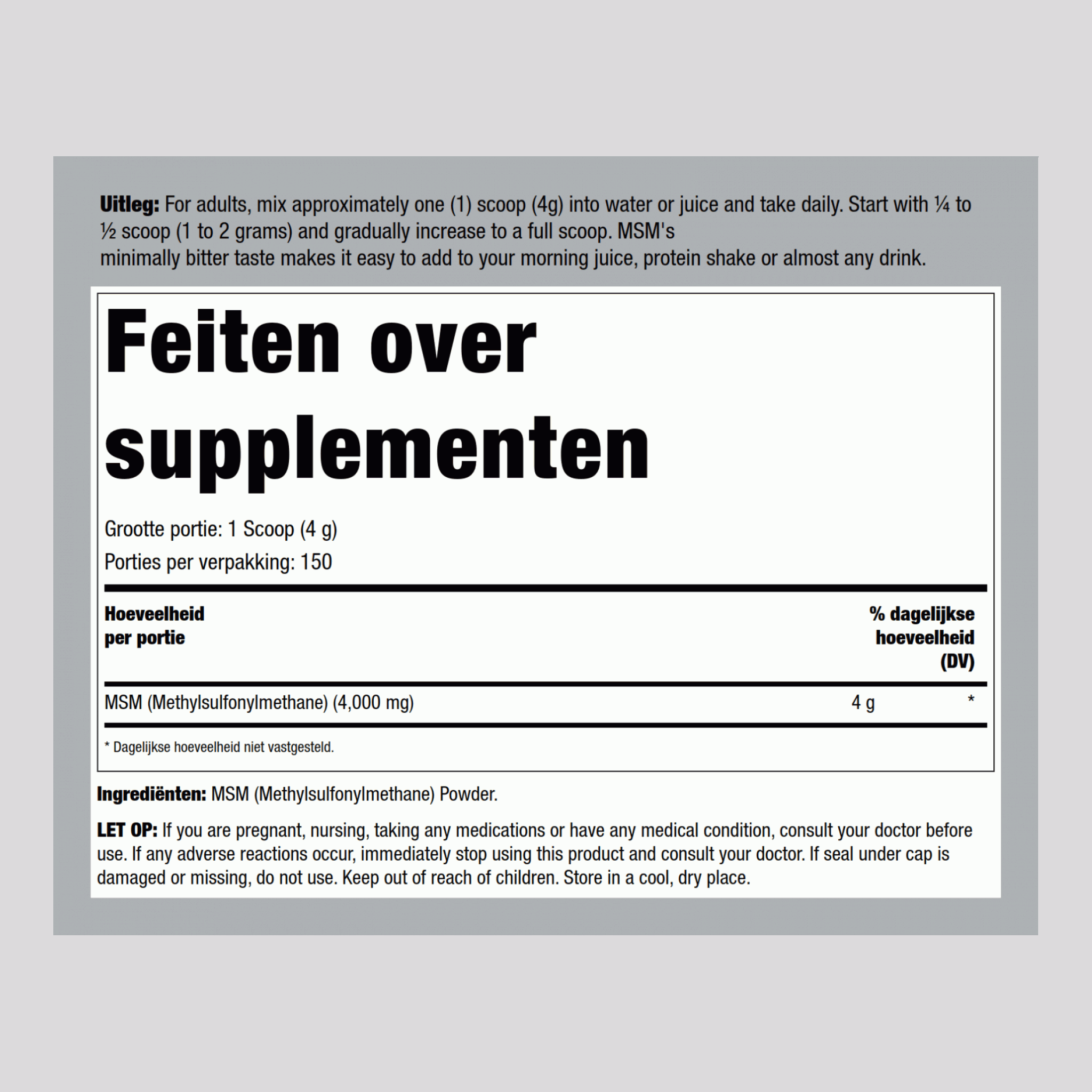 MSM (methylsulfonylmethaan) 4000 mg (per portie) 21 oz 600 g Fles  