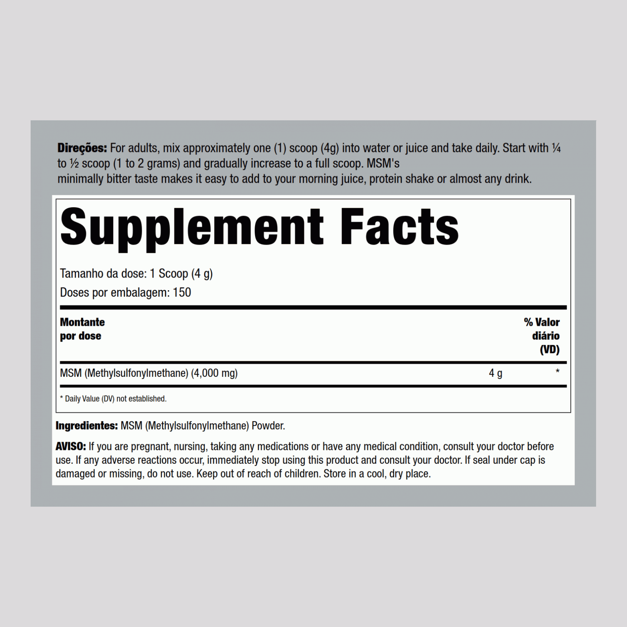 MSM em Pó (metilsulfonilmetano) 4000 mg (por dose) 21 oz 600 g Frasco  