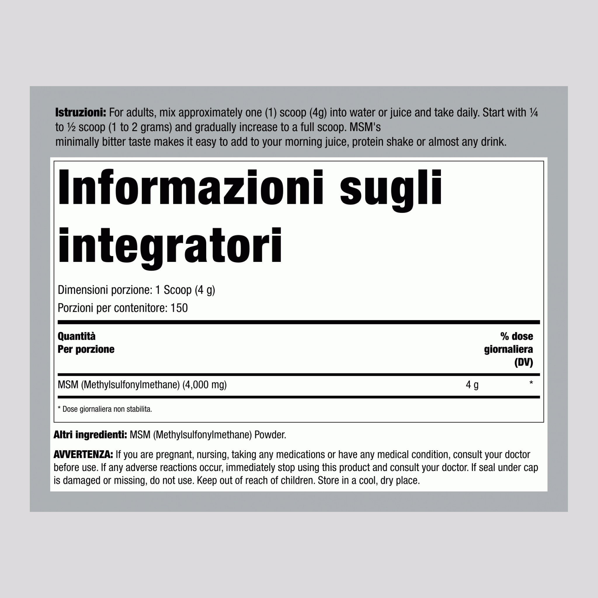 Polvere di MSM (metilsulfonilmetano) 4000 mg (per dose) 21 oz 600 g Bottiglia 2 Bottiglie