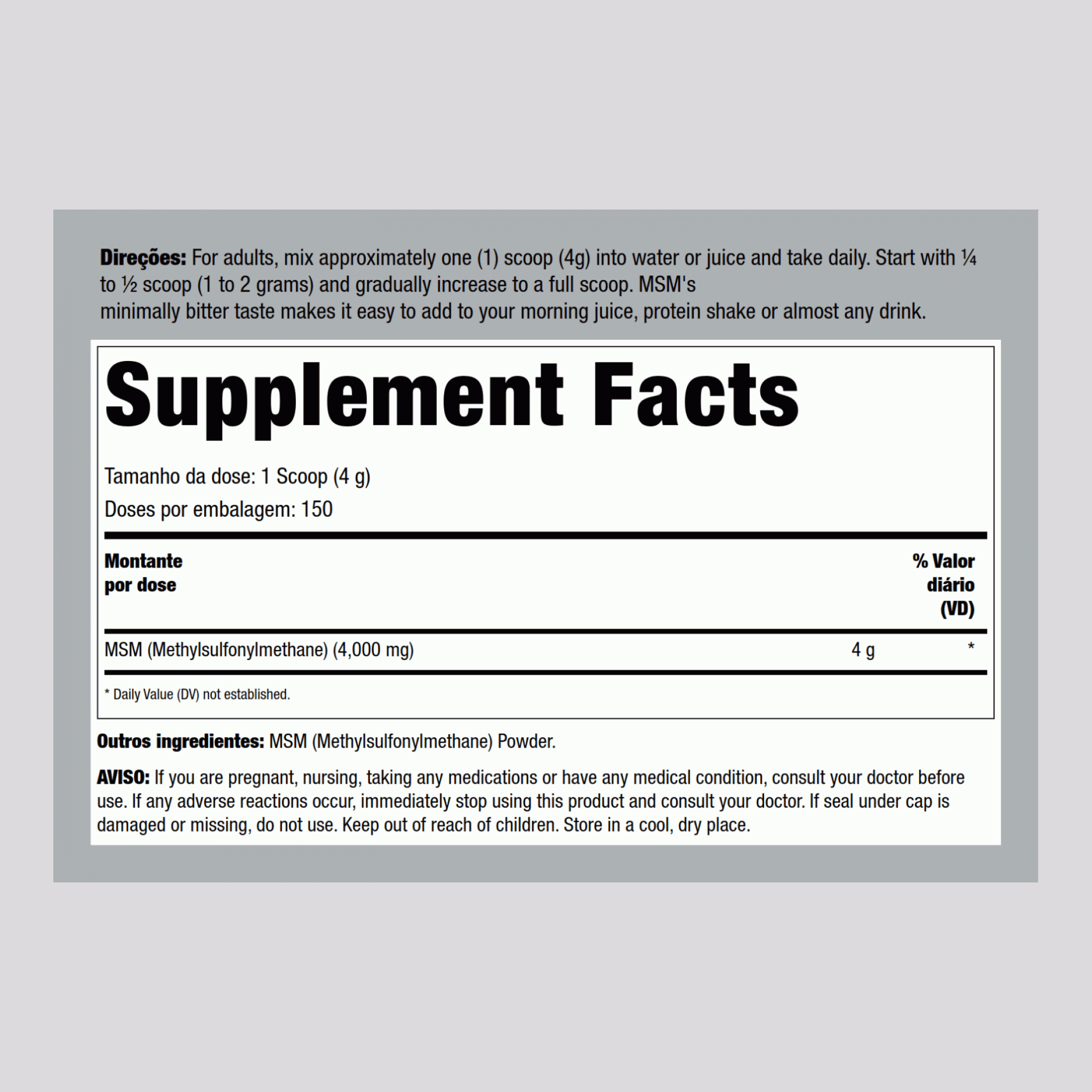 MSM em Pó (metilsulfonilmetano) 4000 mg (por dose) 21 oz 600 g Frasco 2 Frascos