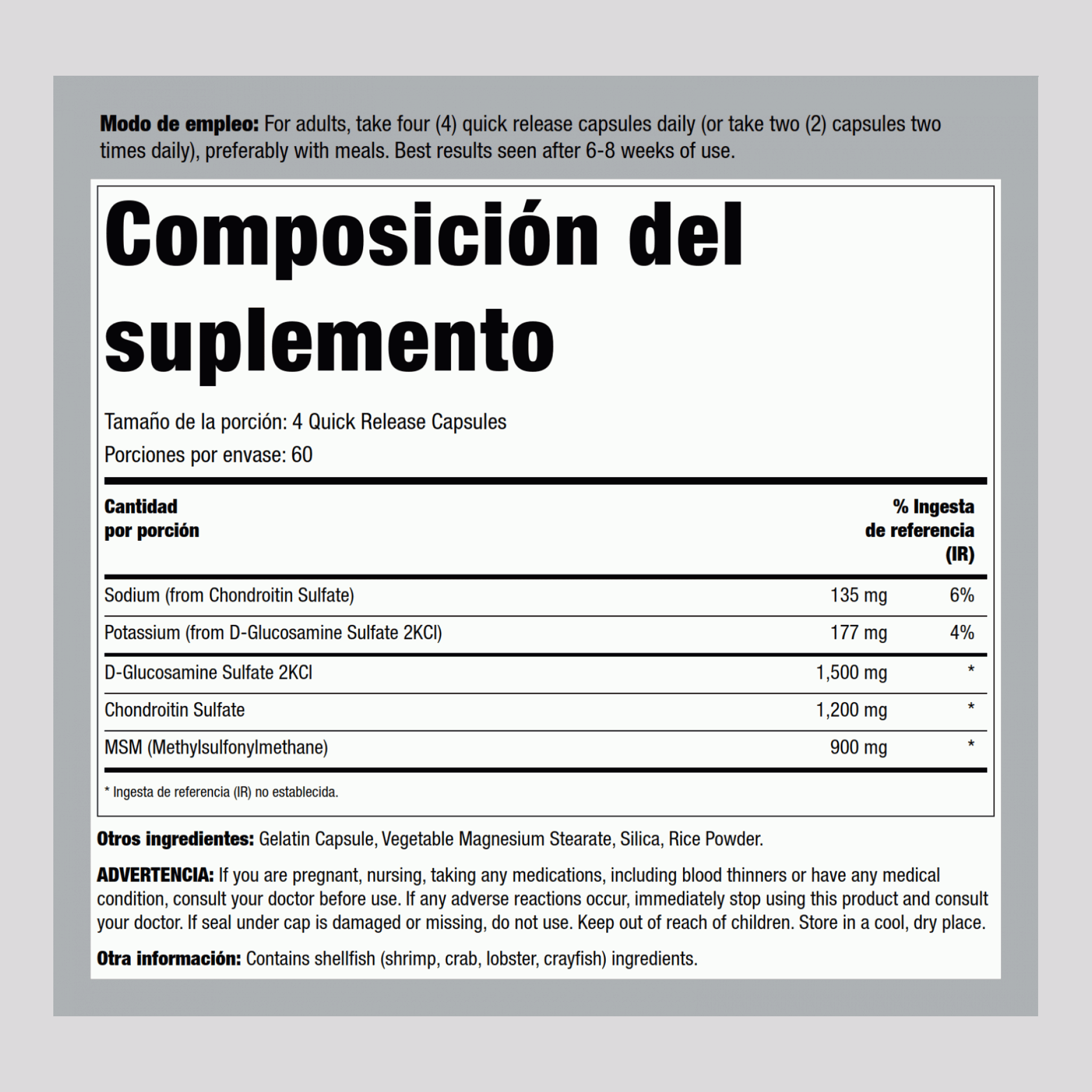 Glucosamina, condroitina y MSM 240 Cápsulas de liberación rápida       