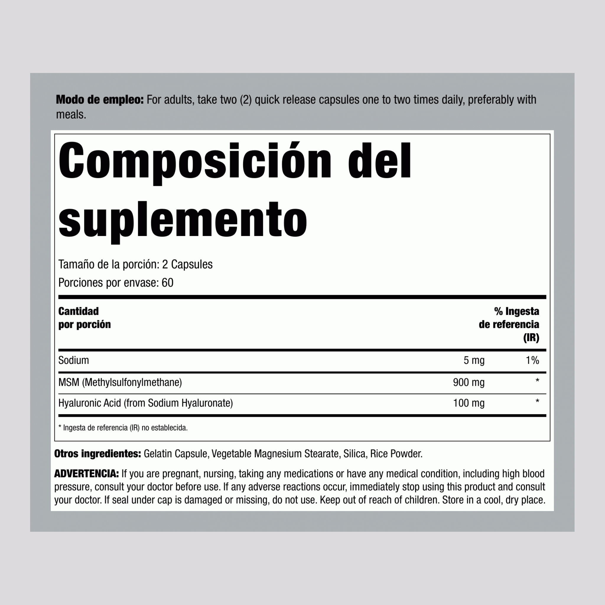 Ácido hialurónico con MSM 120 Cápsulas de liberación rápida       