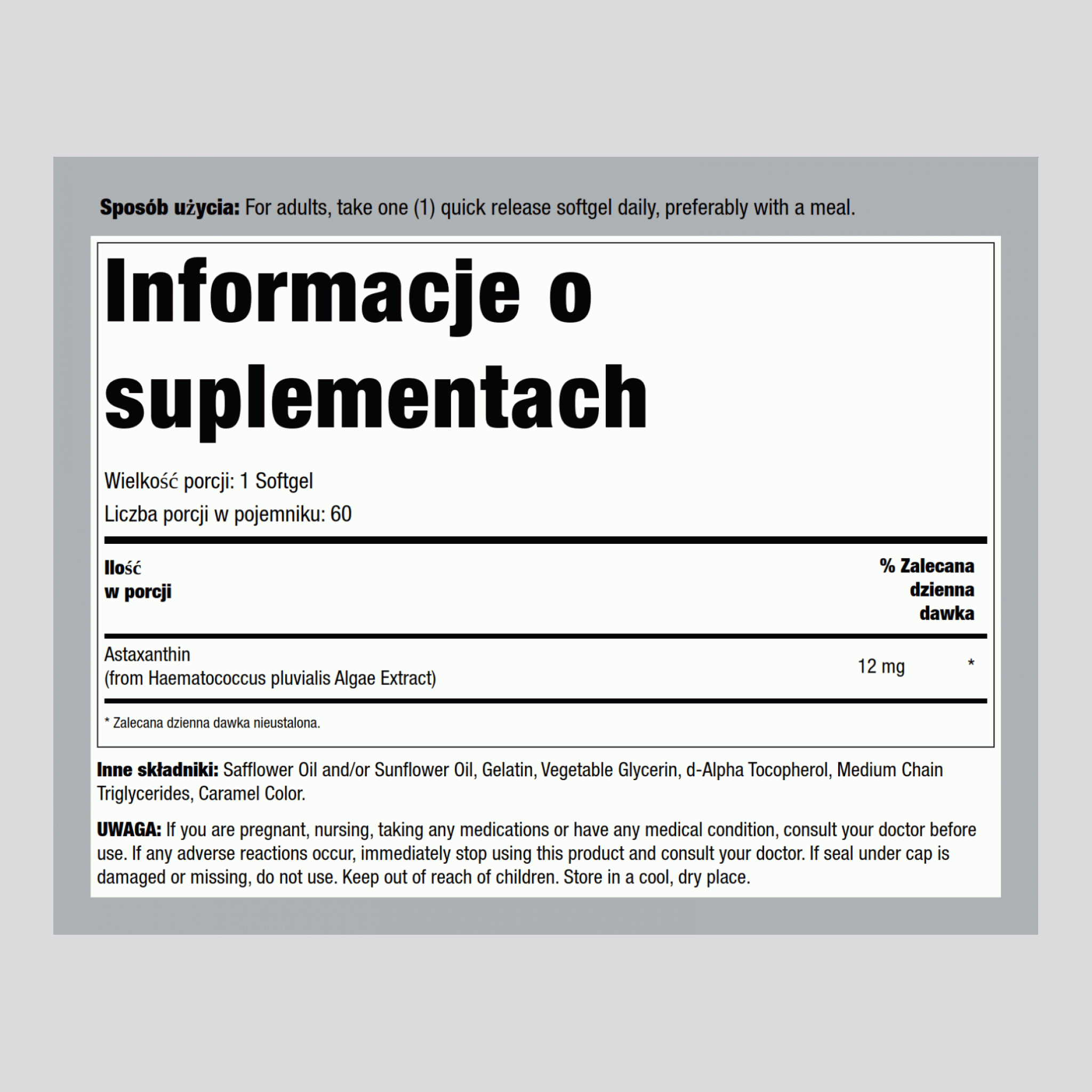 Astaksantyna (potrójna siła) 12 mg 60 Miękkie kapsułki żelowe o szybkim uwalnianiu     