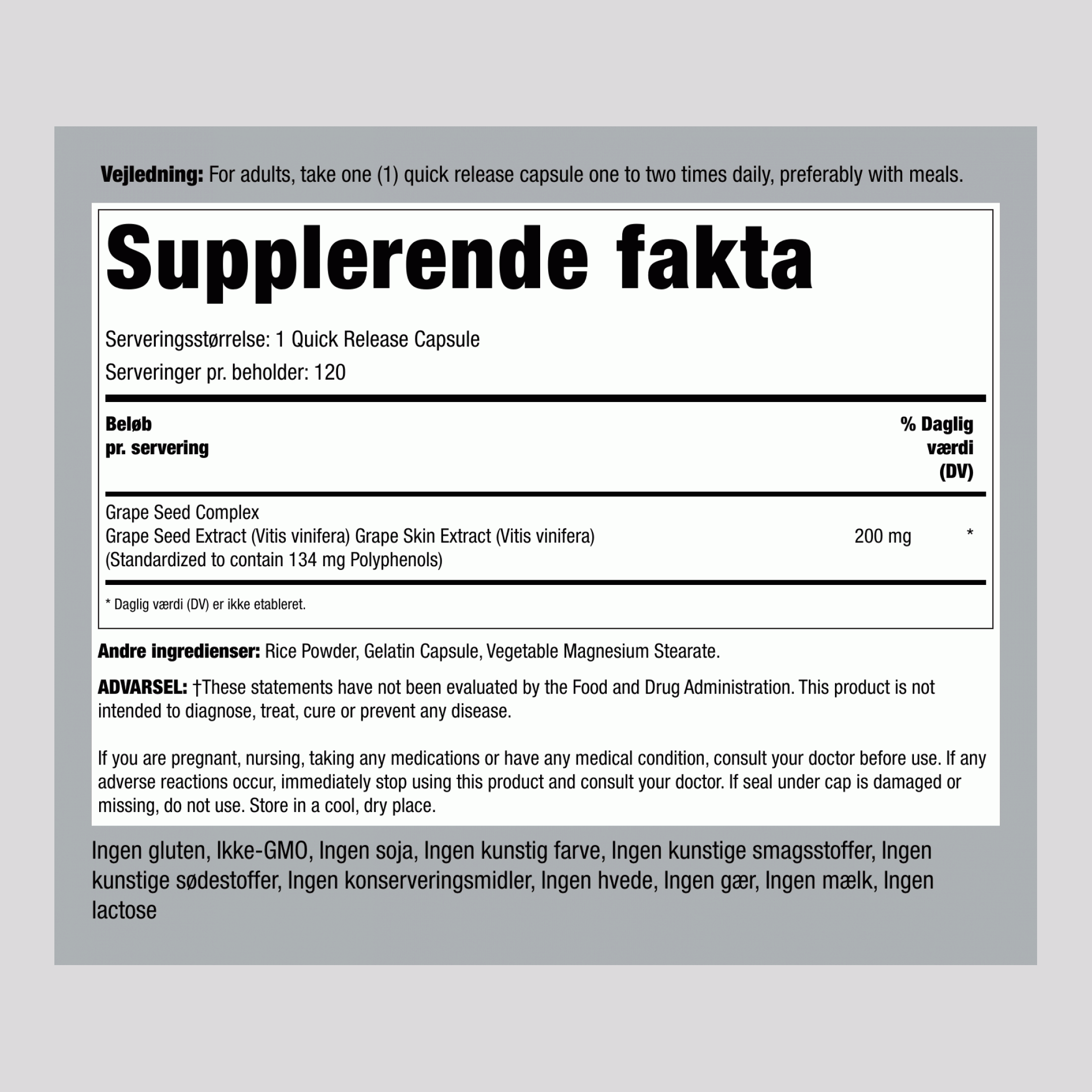 Druekerneekstrakt  200 mg 120 Kapsler for hurtig frigivelse     