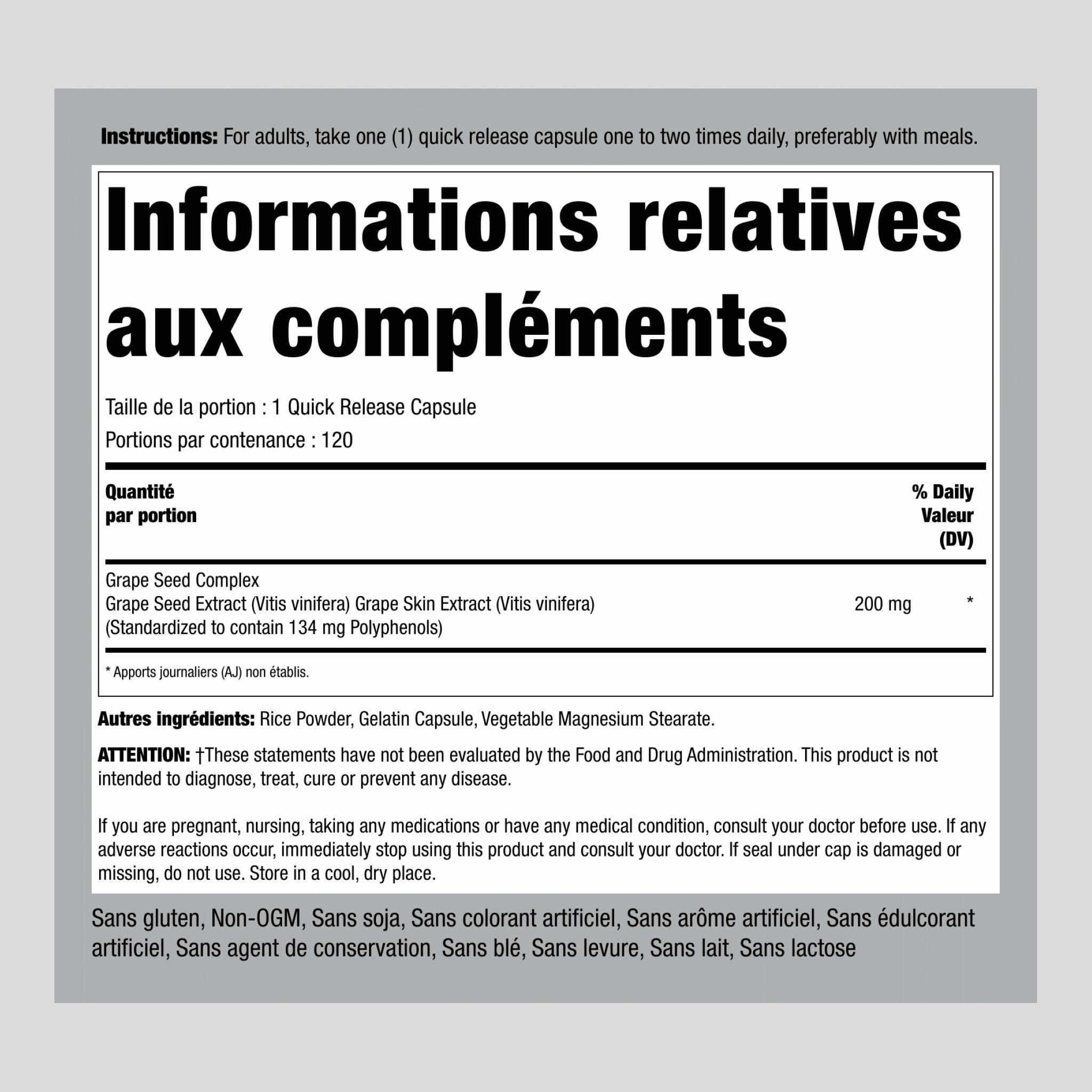 Extrait de pépins de raisin 200 mg 120 Gélules à libération rapide     