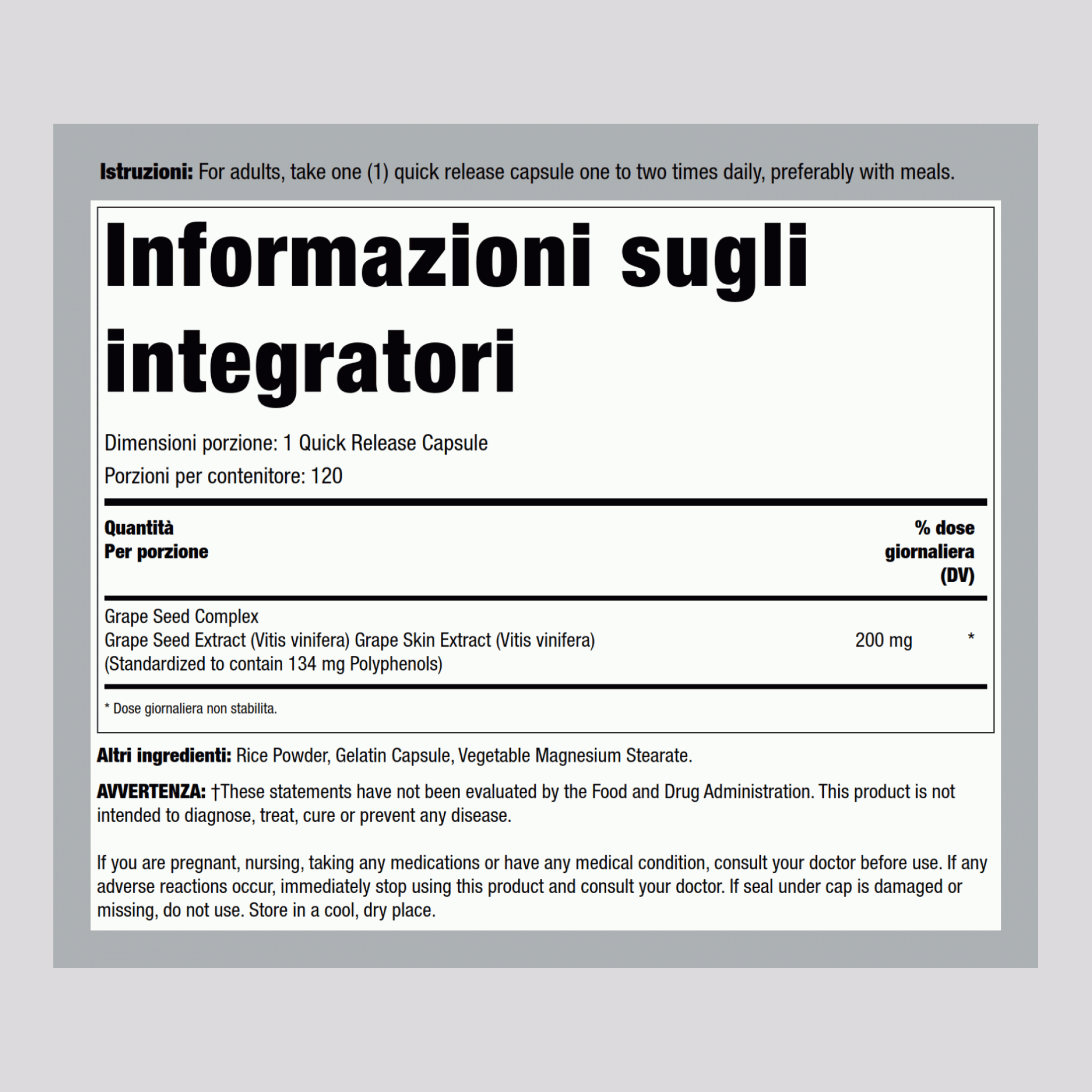 Estratto di semi di uva  200 mg 120 Capsule a rilascio rapido     