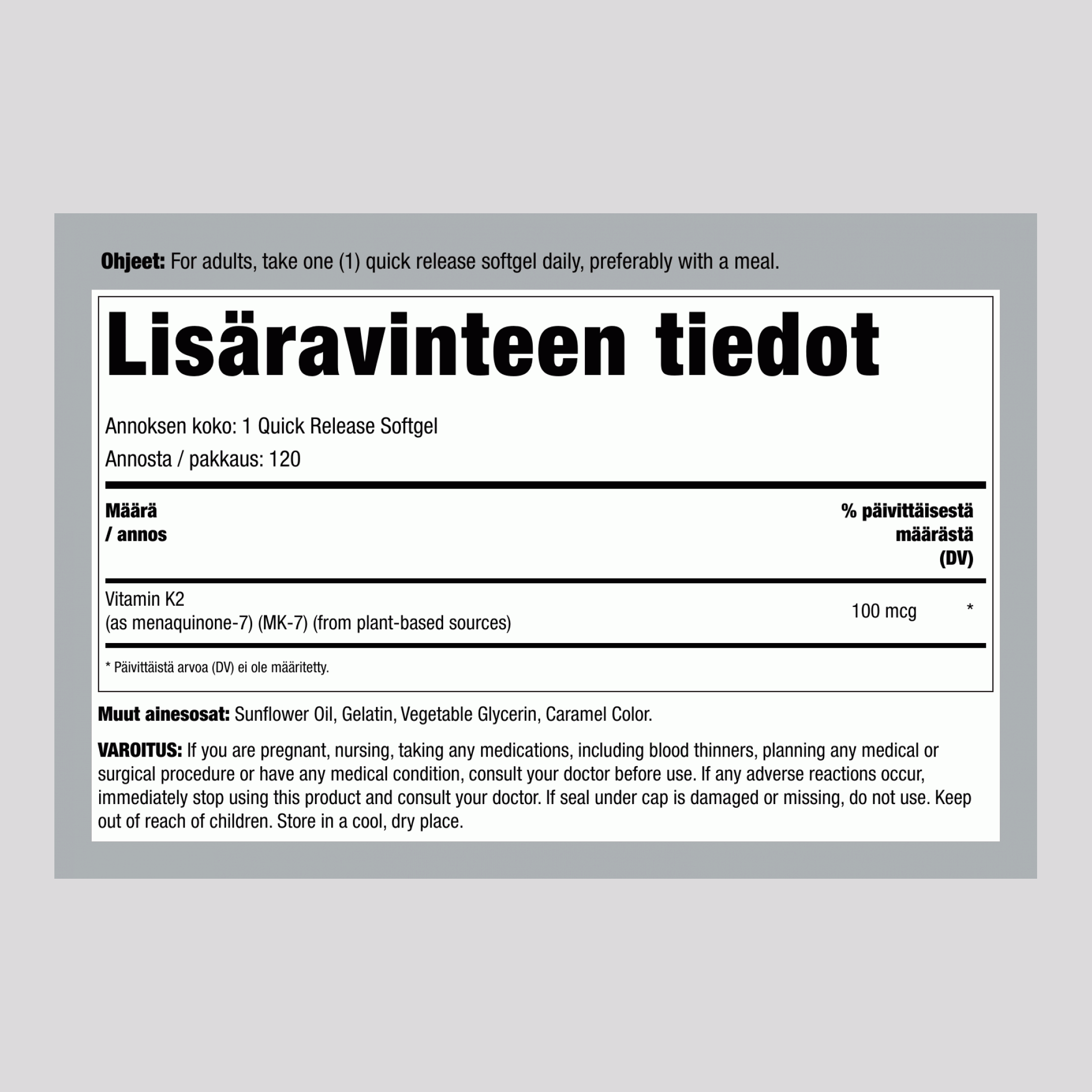 K-vitamiini 2 MK-7 100 μg 120 Pikaliukenevat geelit     