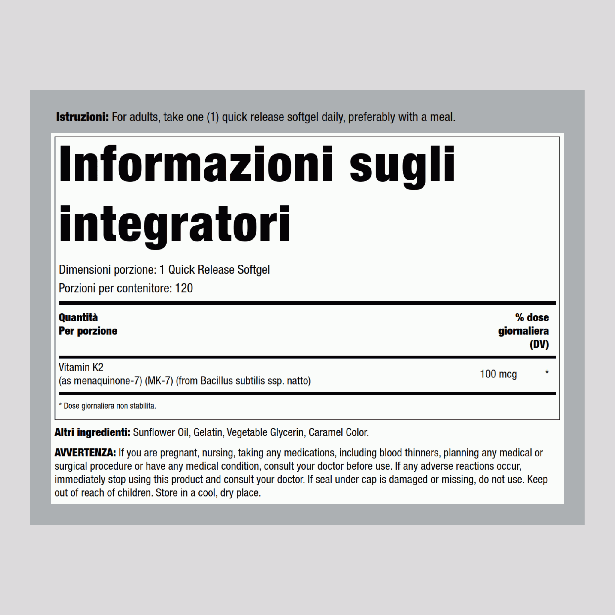 Vitamina K-2 MK-7 100 mcg 120 Capsule in gelatina molle a rilascio rapido     