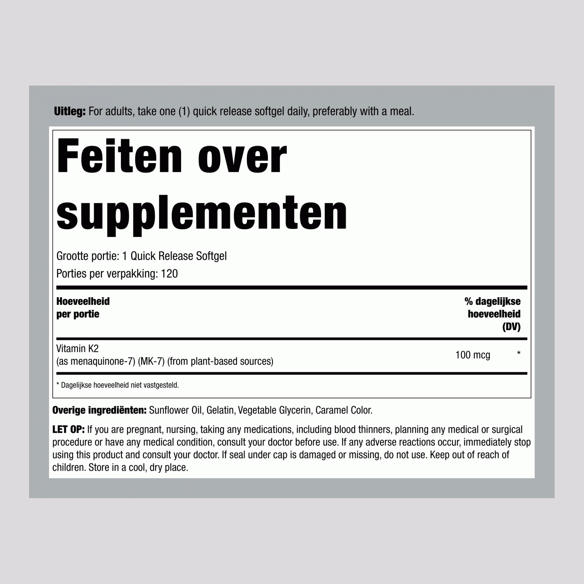 Vitamine K 2 MK-7 100 mcg 120 Snel afgevende softgels     
