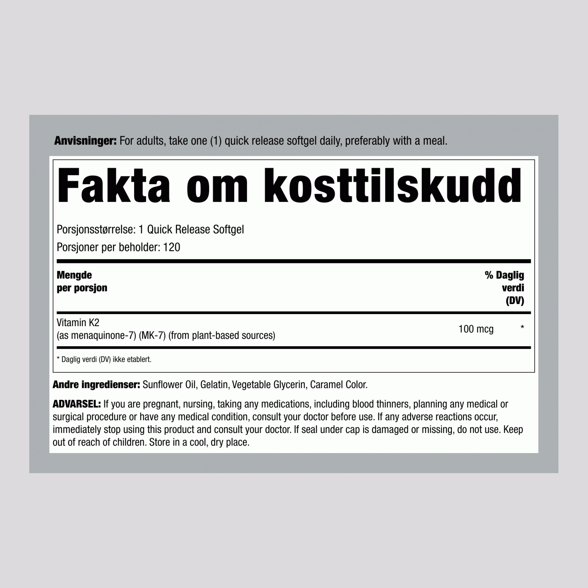 Vitamin K2 MK-7 100 mcg 120 Hurtigvirkende myke geleer     