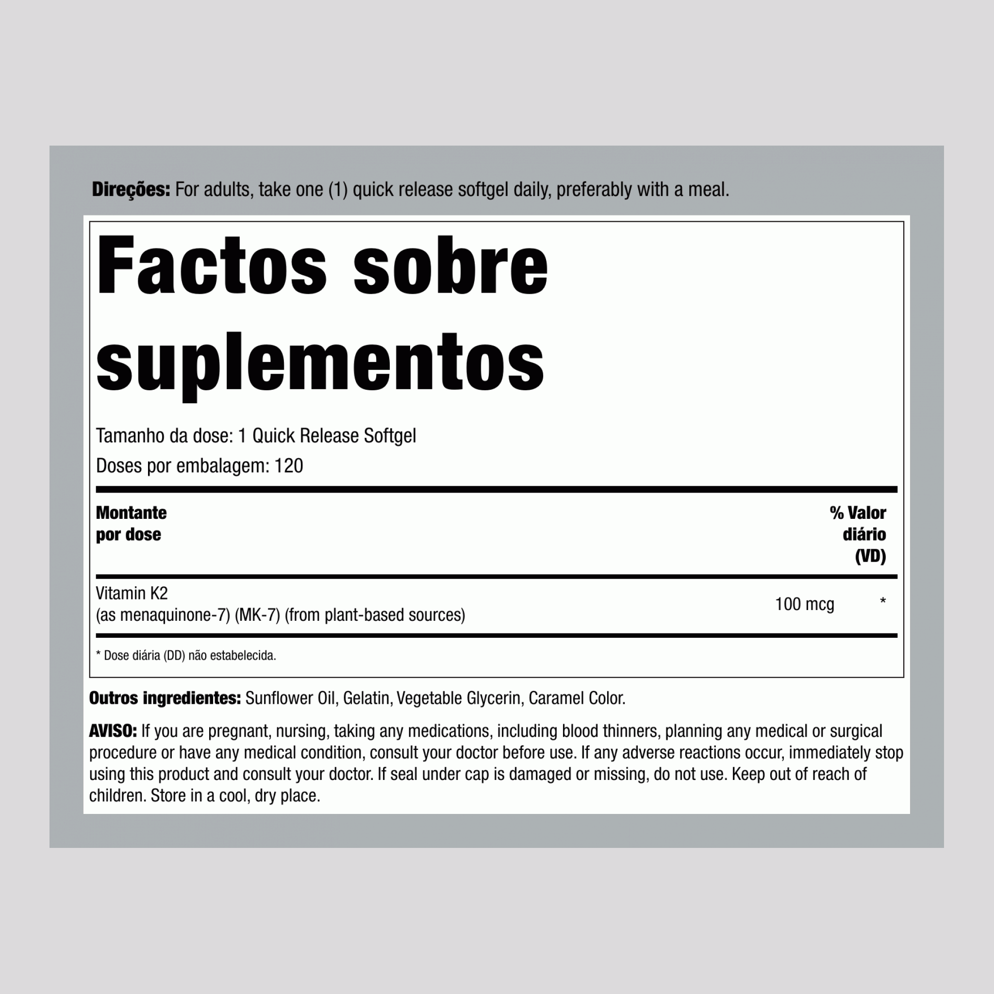 Vitamina K 2 MK-7 100 mcg 120 Gels de Rápida Absorção     