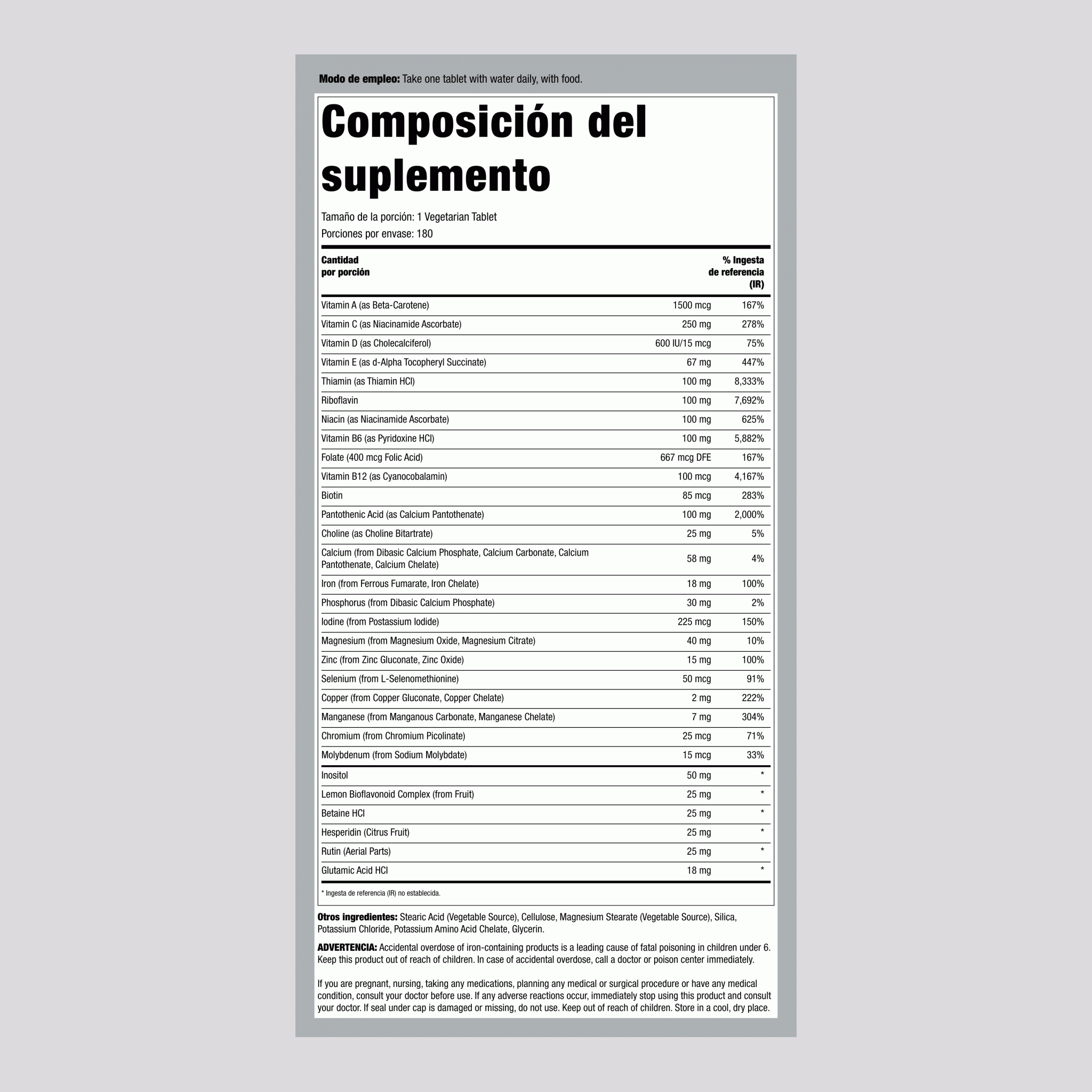 Multivitaminas Mega One con hierro (efecto prolongado) 180 Tabletas vegetarianas       