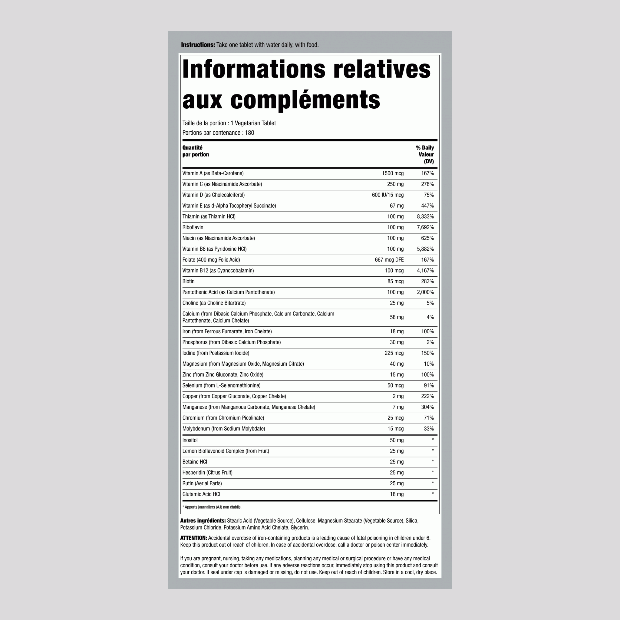 Mega One Multi-vitamines avec fer (à libération prolongée) 180 Comprimés végétaux       