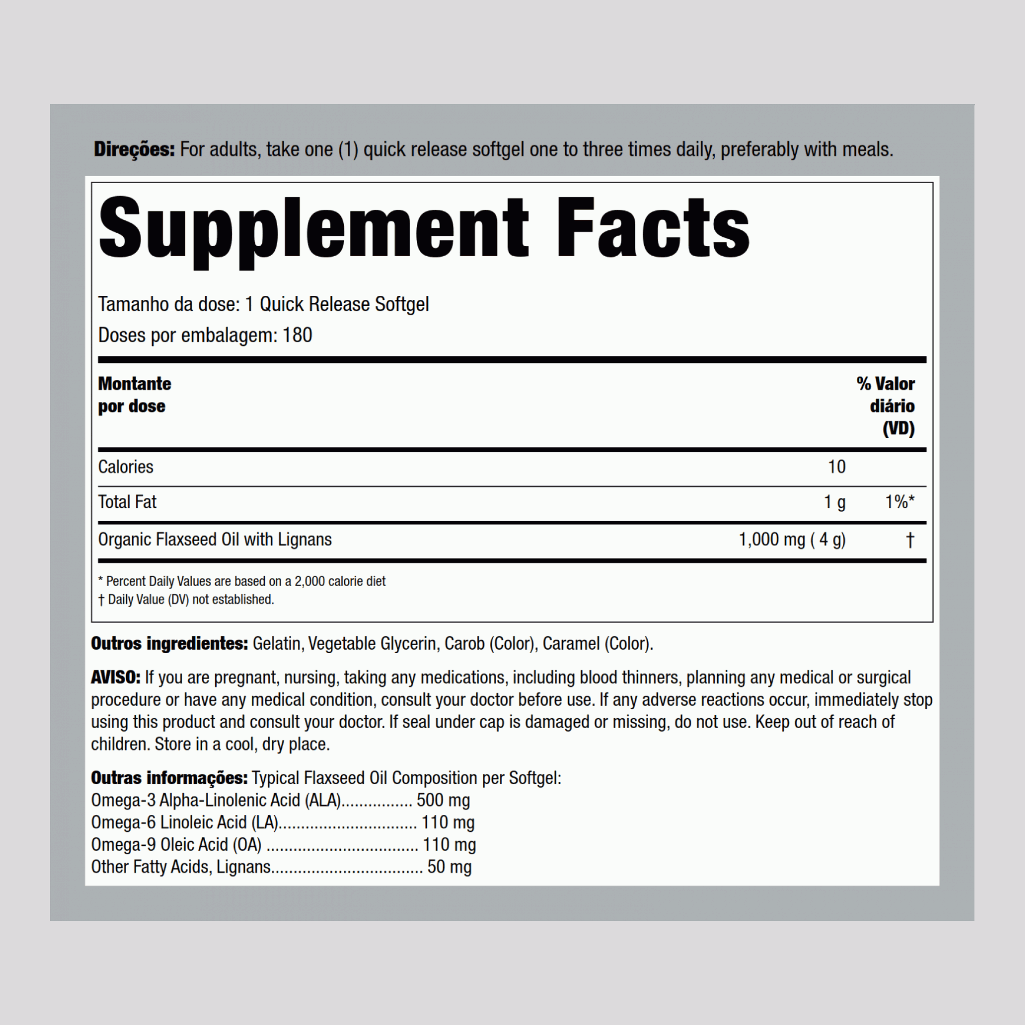 Óleo de linhaça com lignanas 1000 mg 180 Cápsulas gelatinosas     