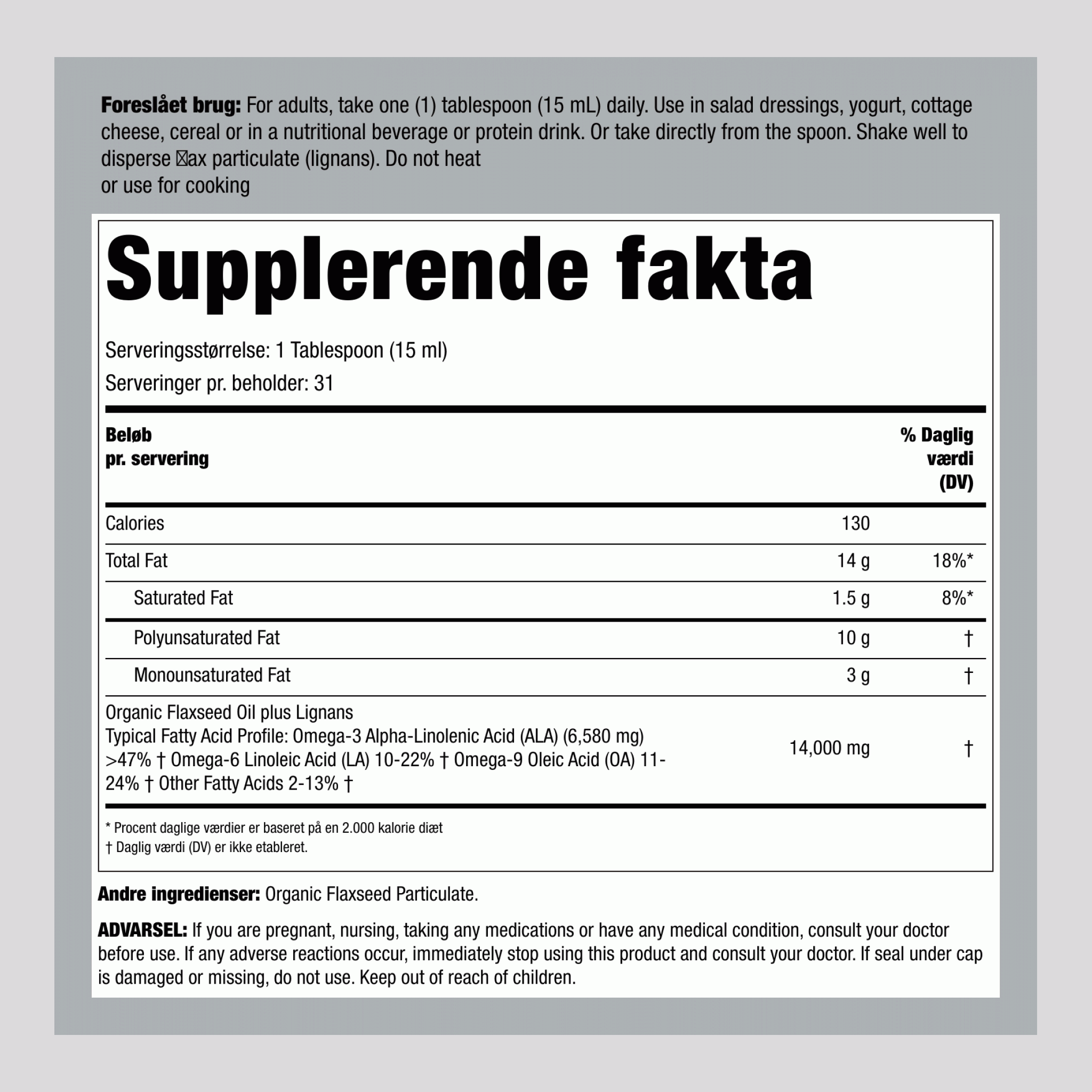 Hørfrøolie med lignaner (Økologisk) 16 fl oz 473 ml Flaske    
