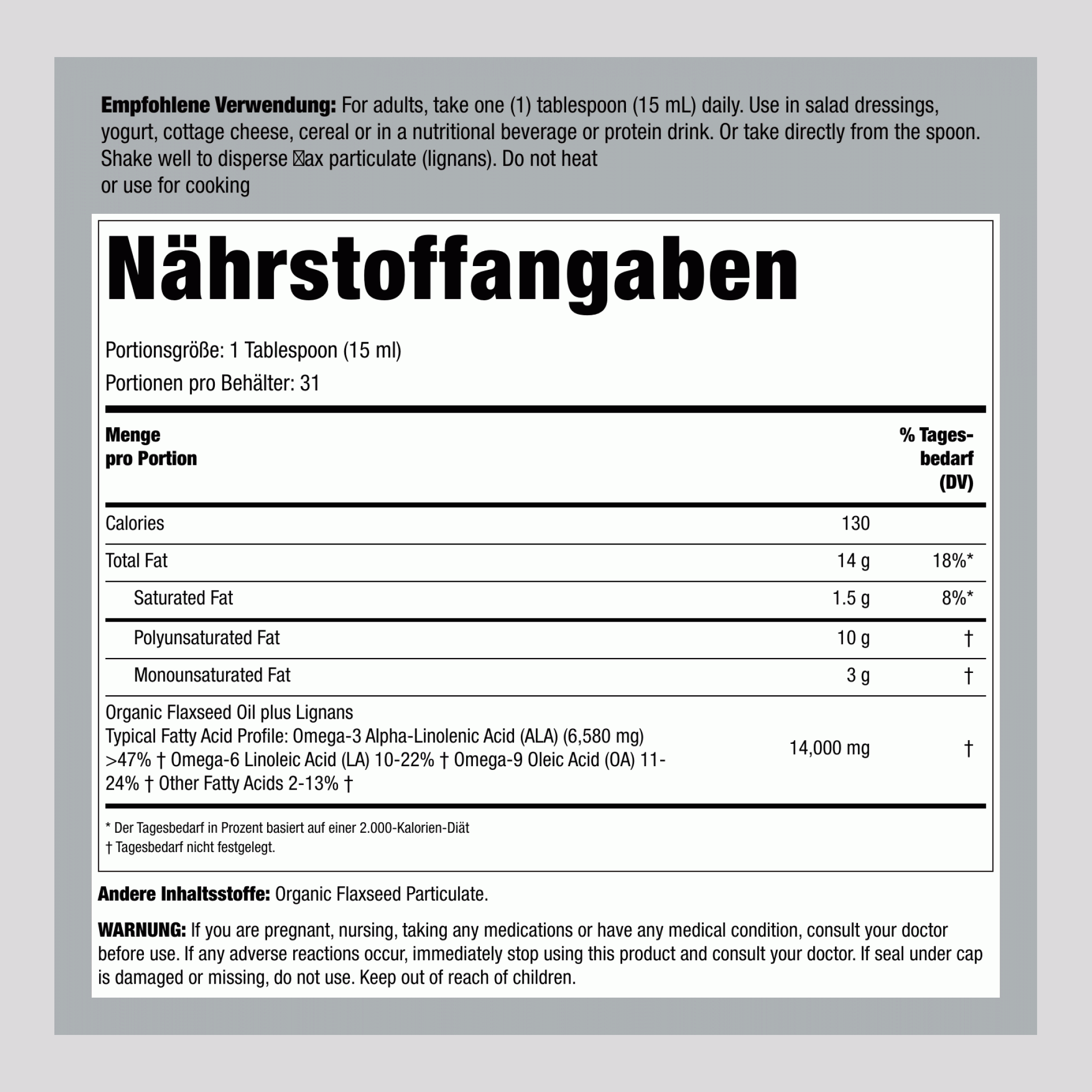 Leinsamenöl mit Lignanen (Bio) 16 fl oz 473 ml Flasche    