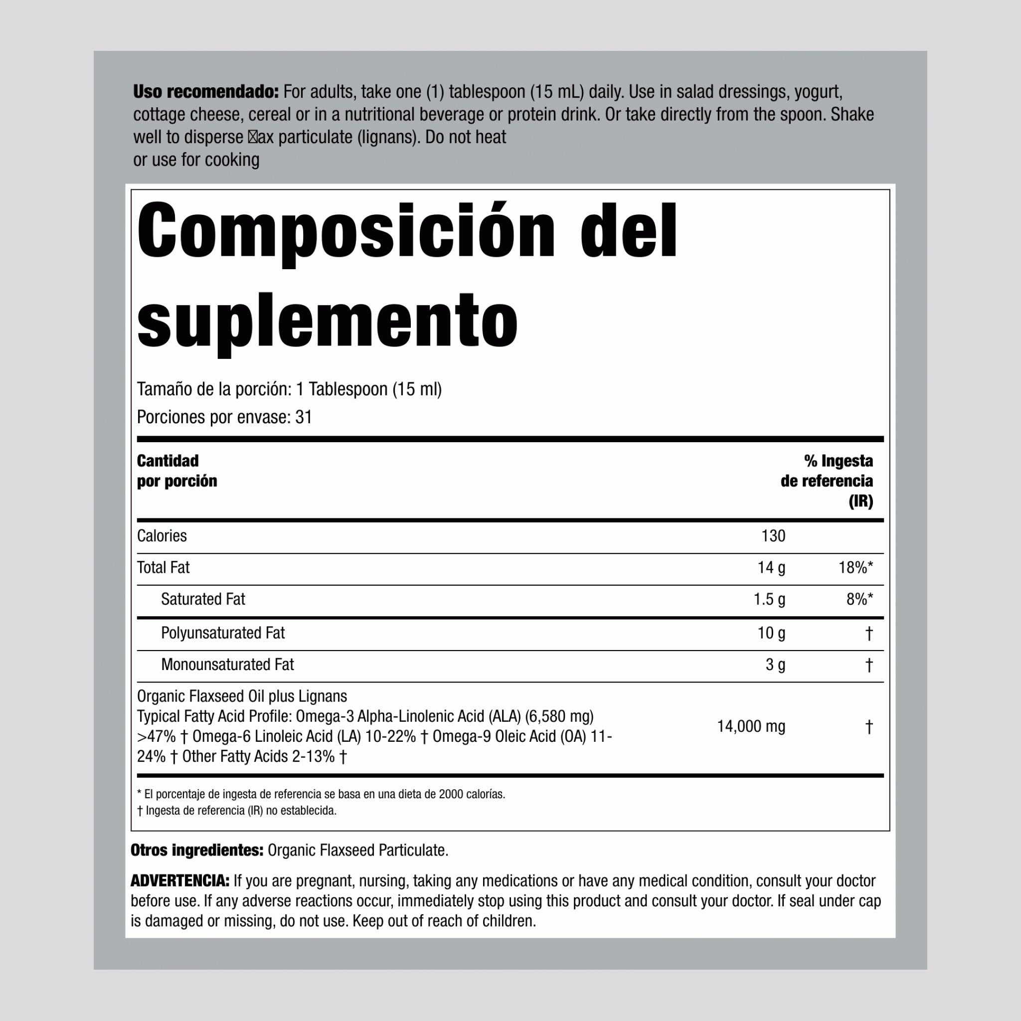 Aceite de lino con lignanos (Orgánico) 16 fl oz 473 mL Botella/Frasco    