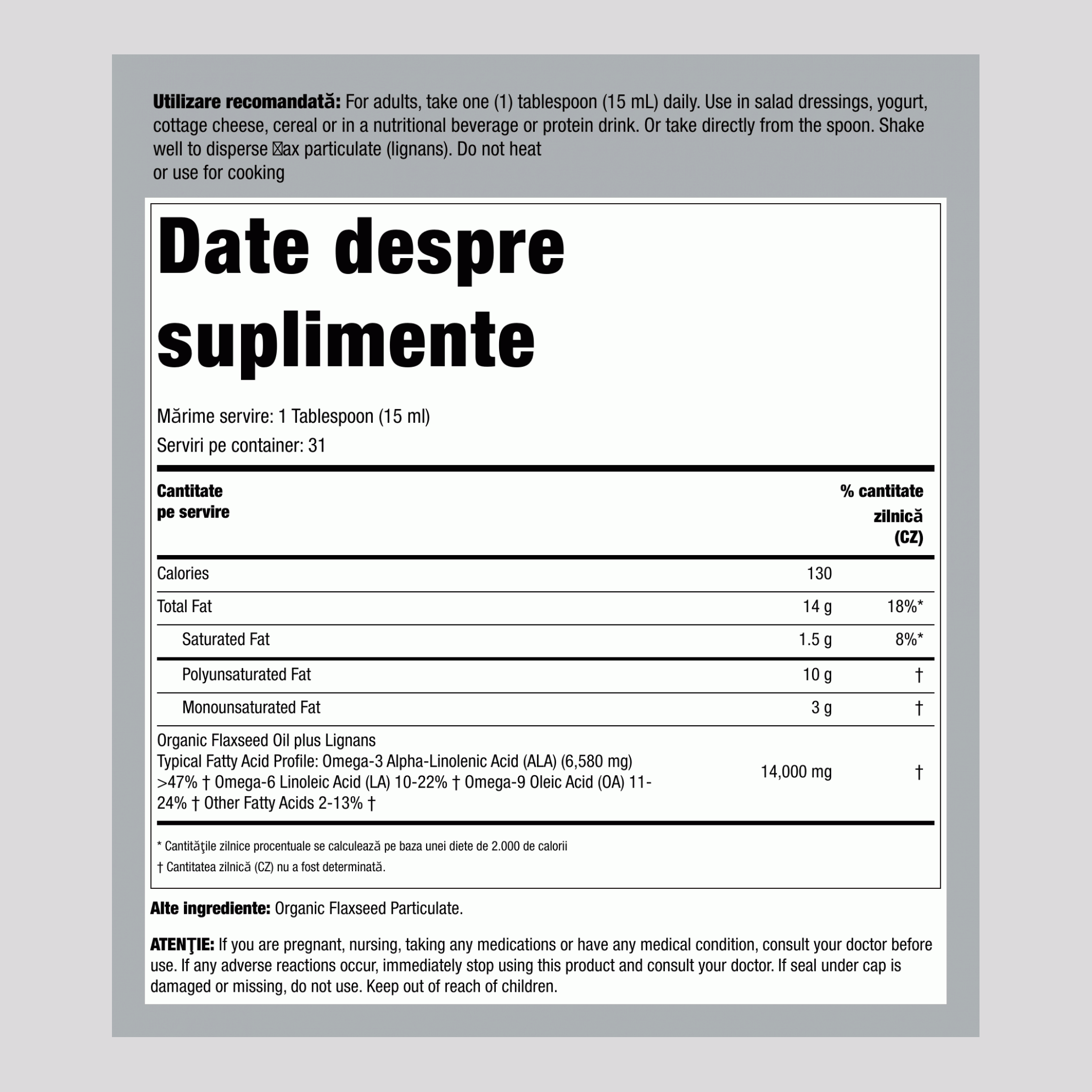 Ulei de in cu lignani (Organic) 16 fl oz 473 ml Sticlă    