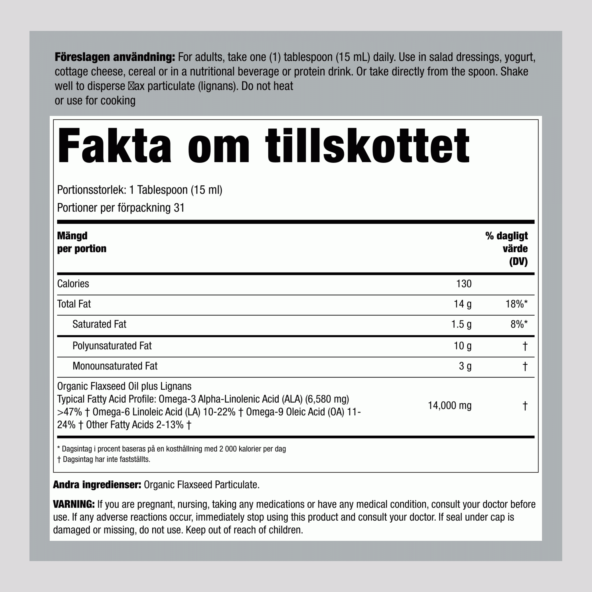 Linolja med lignaner (Organiskt) 16 fl oz 473 ml Flaska    