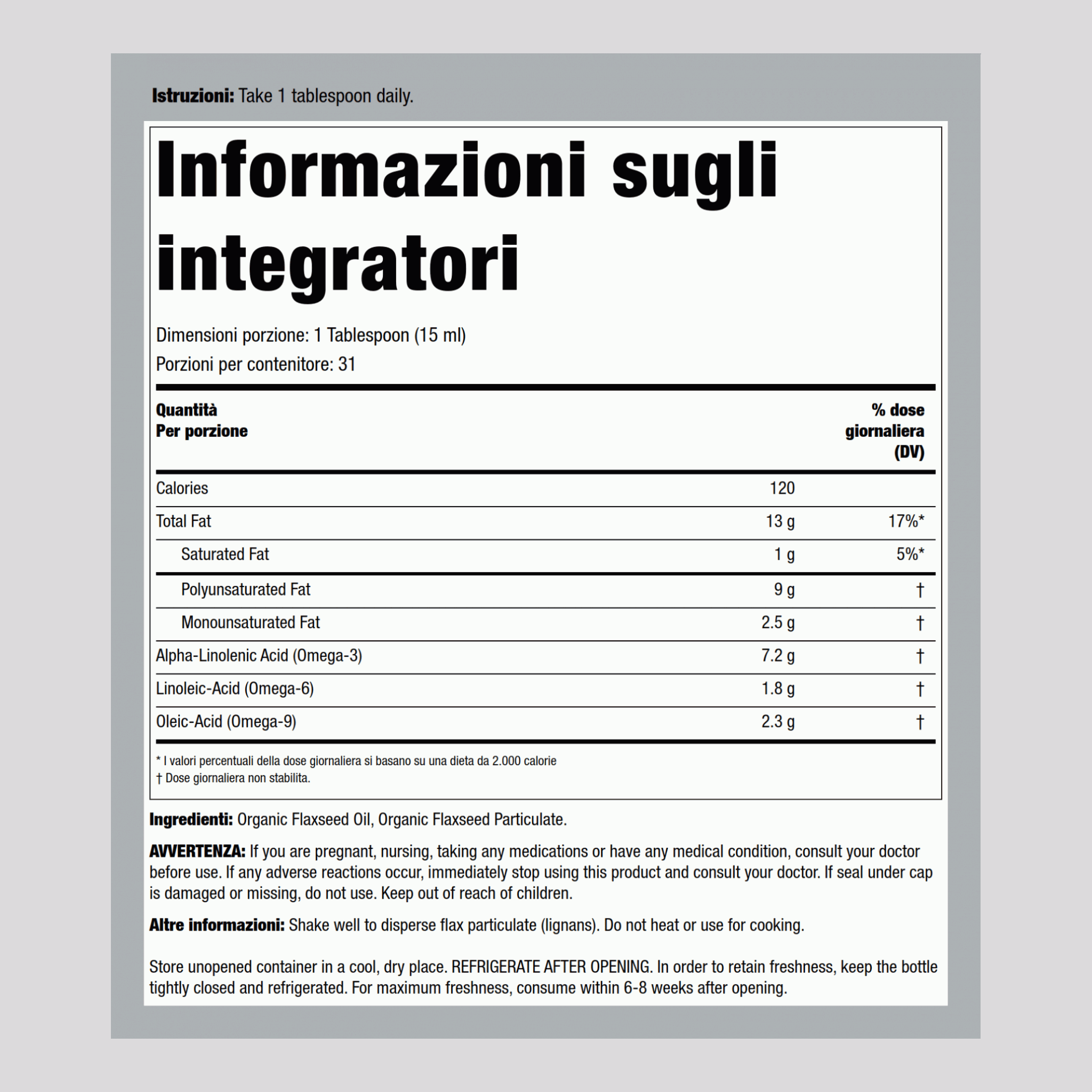 Olio di lino con lignani (Biologico) 16 fl oz 473 mL Bottiglia    