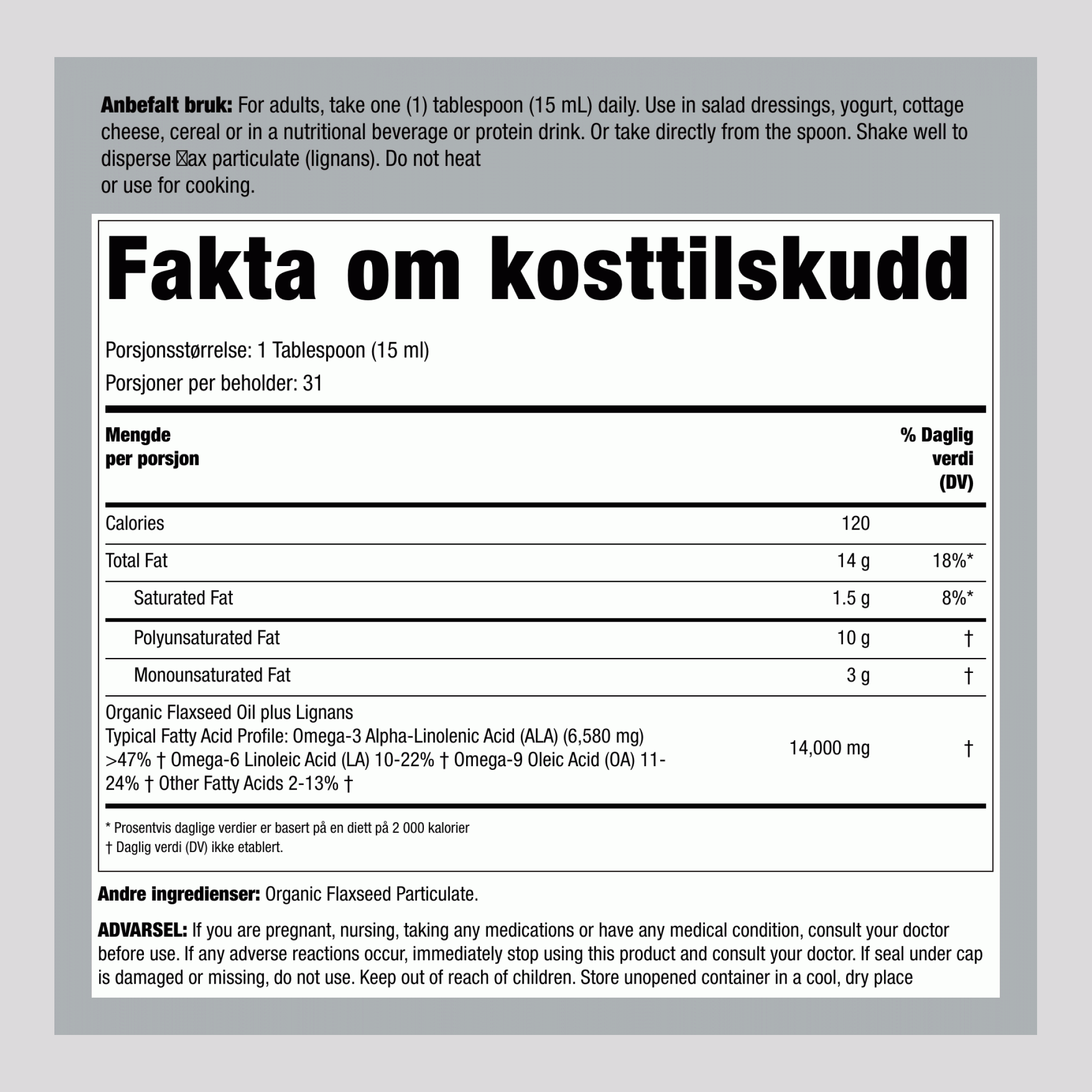 Linolje med lignaner (Økologisk) 16 ounce 473 ml Flasker 2 Flasker  